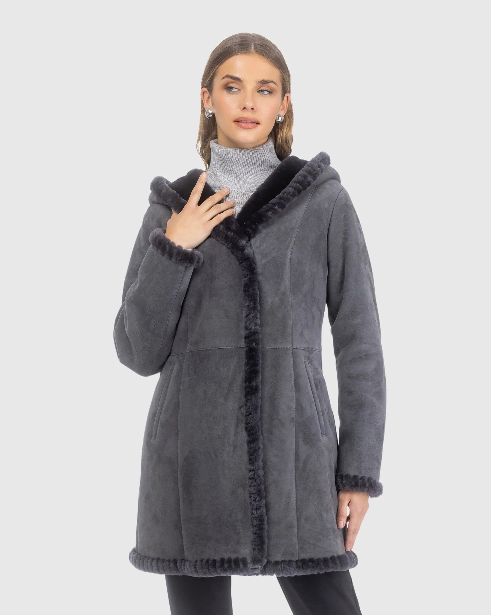 Merino Shearling LambCoat With Whipstitch Trim, Hood - Image 2