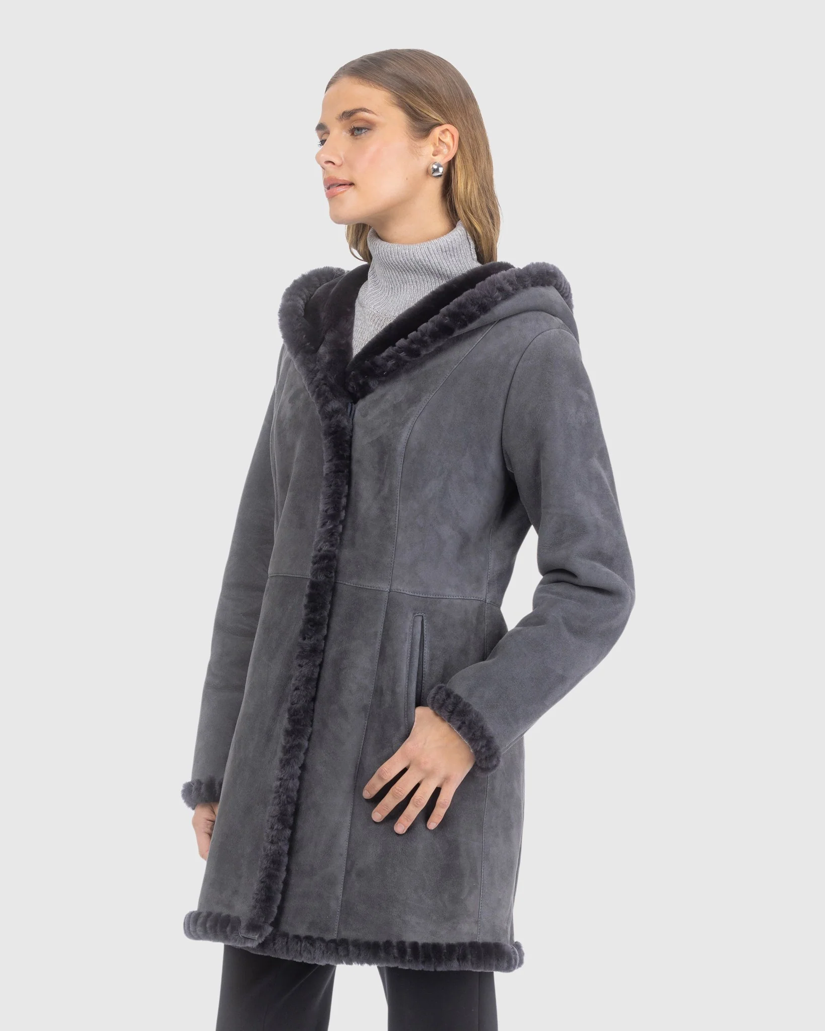 Merino Shearling LambCoat With Whipstitch Trim, Hood - Image 3
