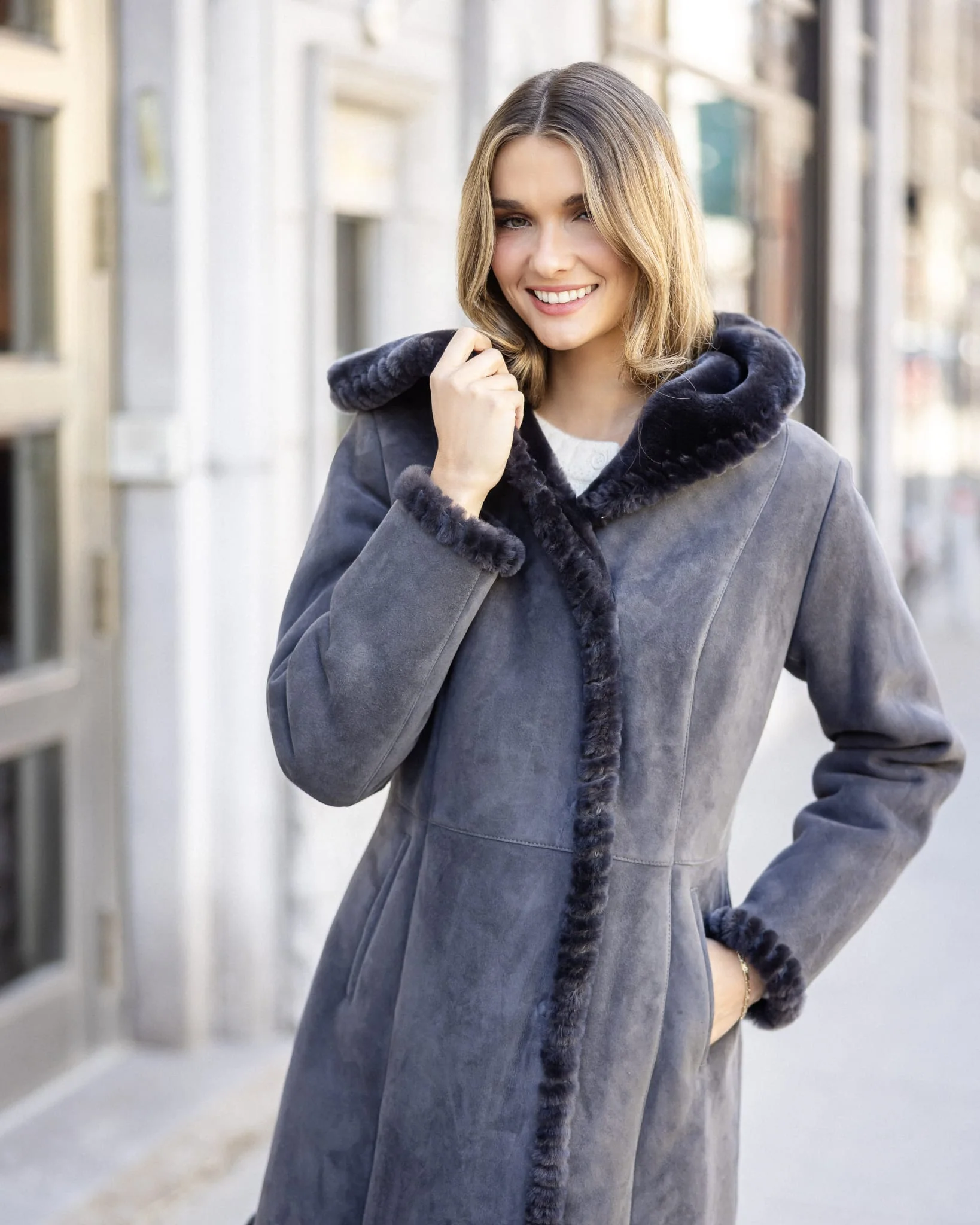 Merino Shearling LambCoat With Whipstitch Trim, Hood - Image 8