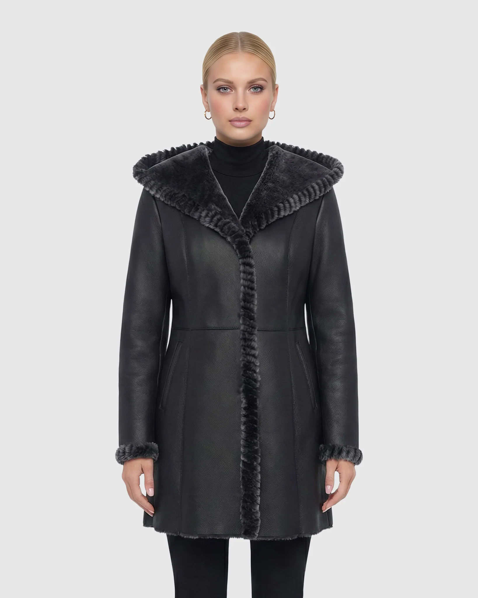 Merino Shearling Lamb Jacket With Whipstitch Trim, Hood