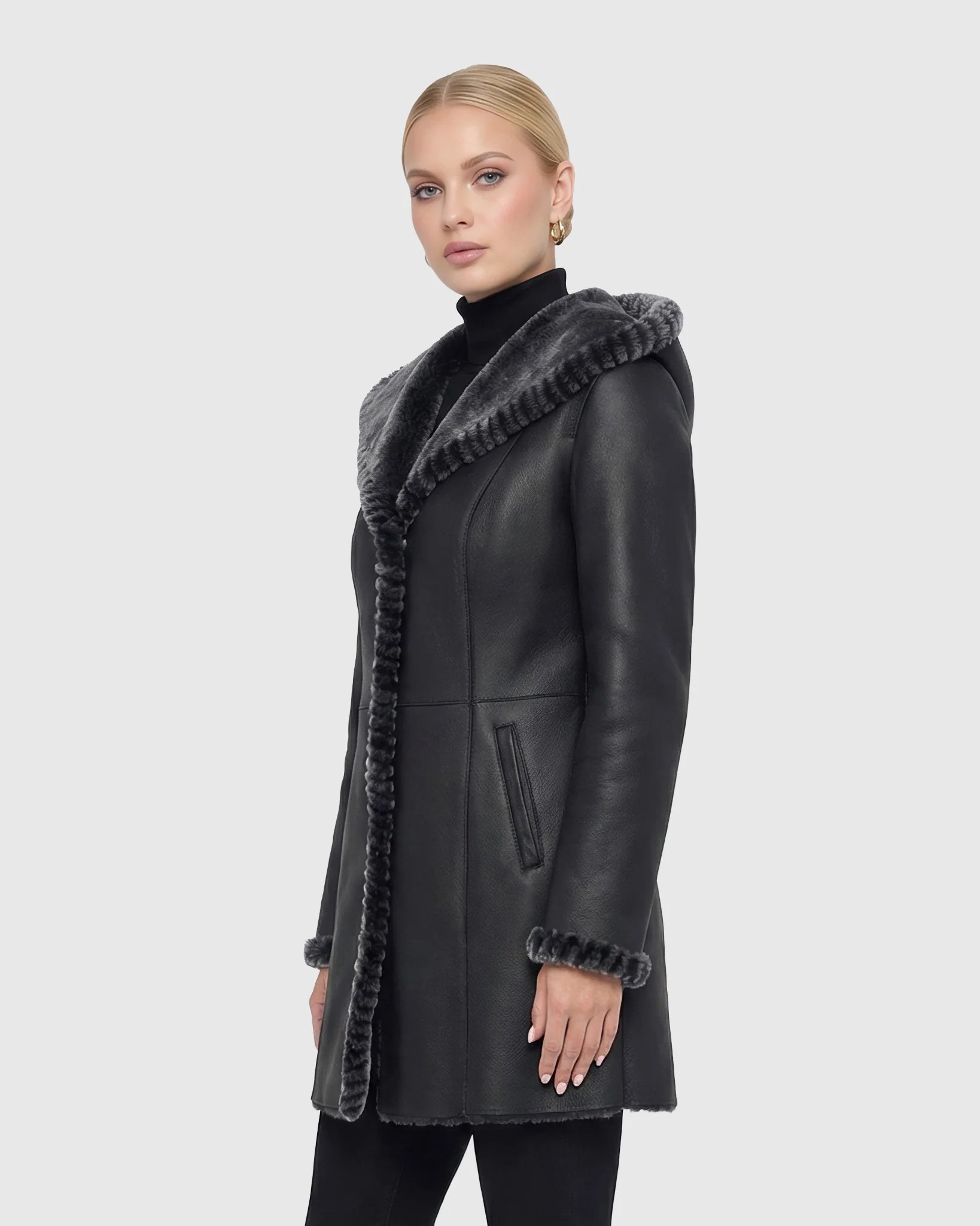 Merino Shearling Lamb Jacket With Whipstitch Trim, Hood - Image 3