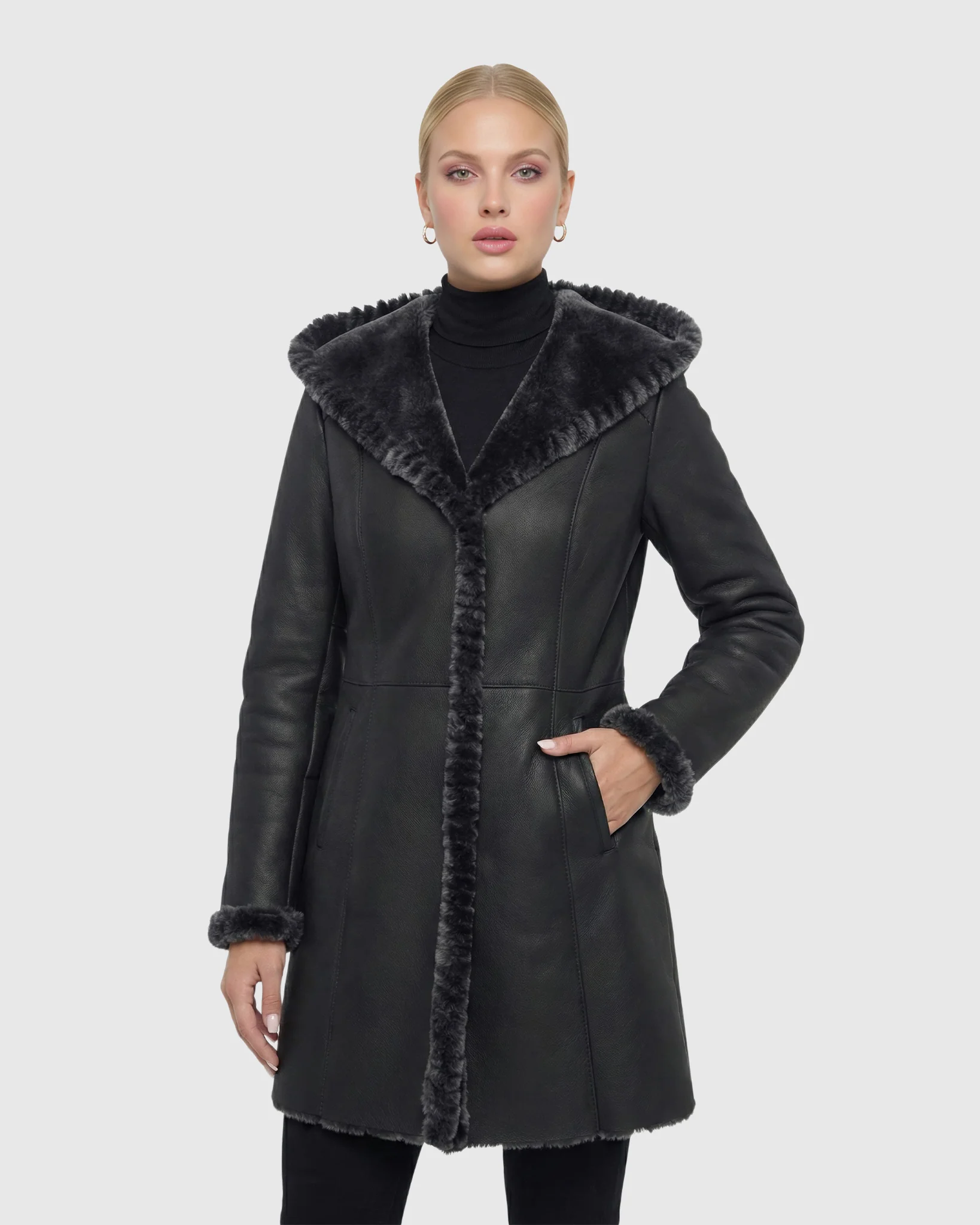 Merino Shearling Lamb Jacket With Whipstitch Trim, Hood - Image 5