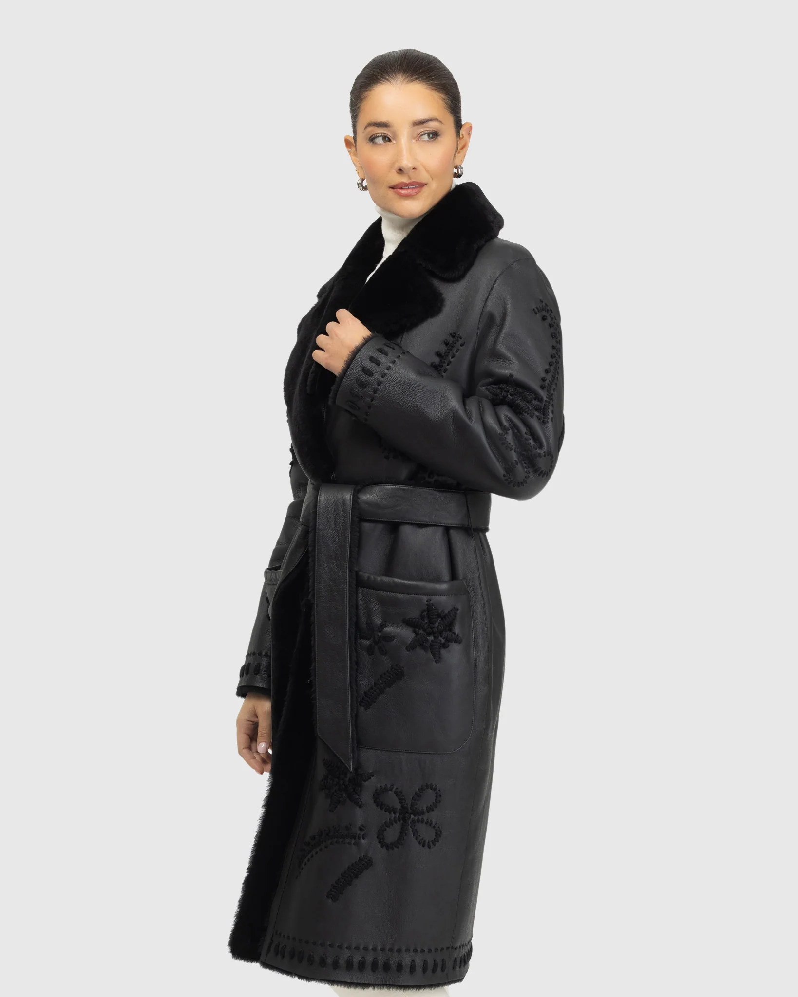 Merino Shearling Lamb Short Coat With Embroidery, Belt - Image 3
