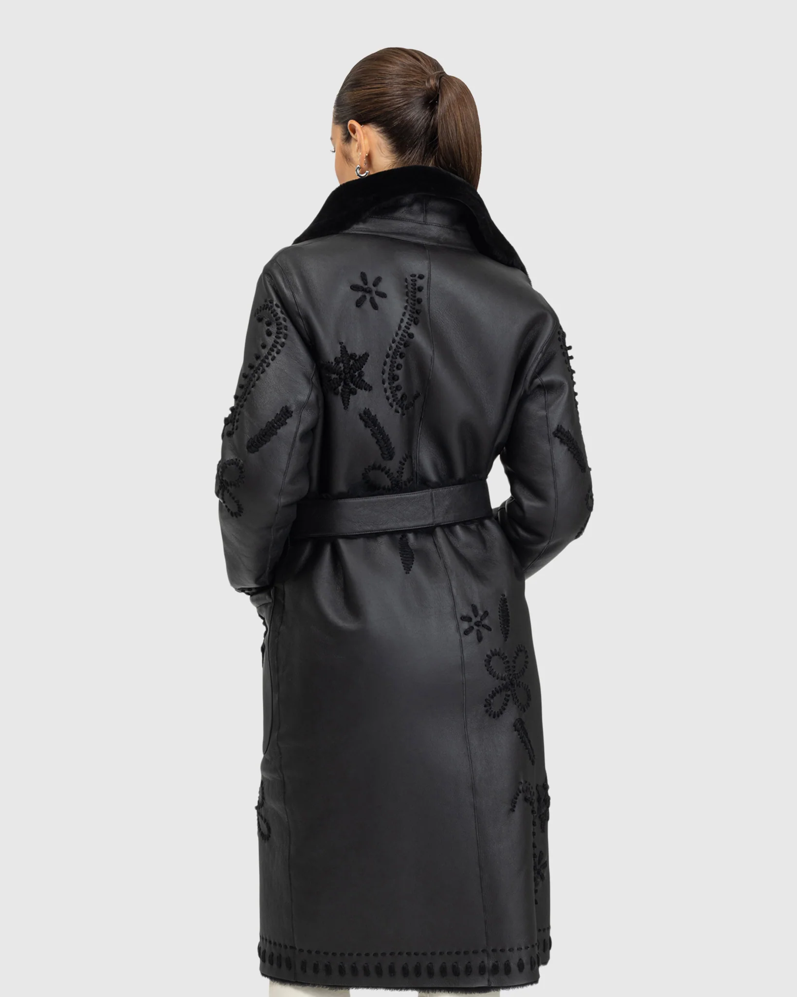 Merino Shearling Lamb Short Coat With Embroidery, Belt - Image 4