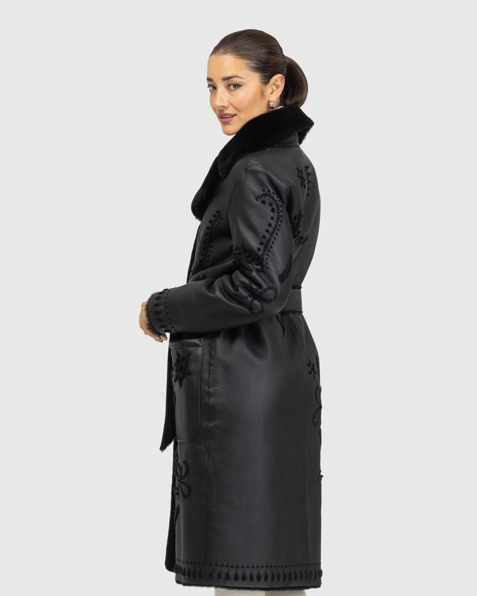 Merino Shearling Lamb Short Coat With Embroidery, Belt - Image 5