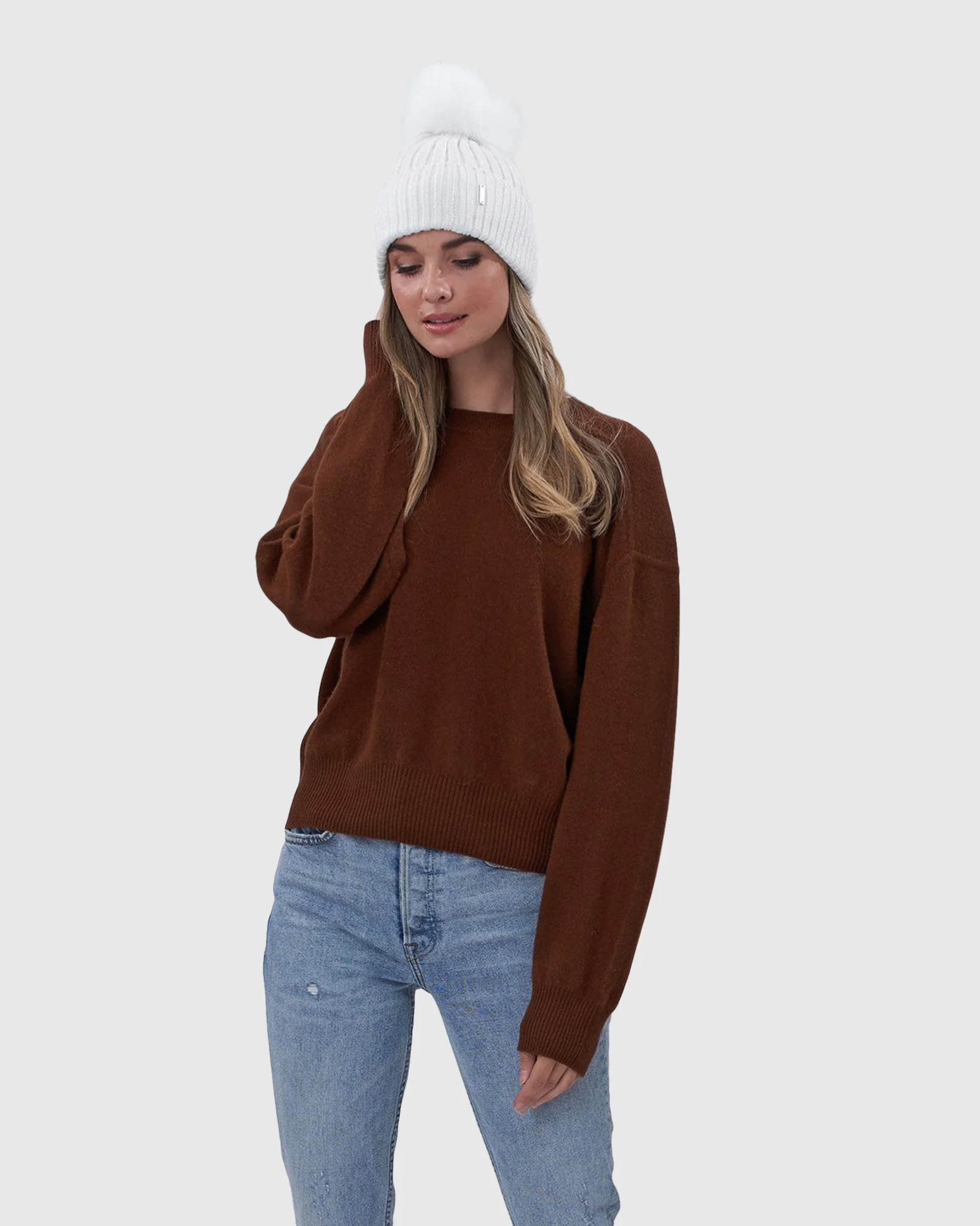 METALLIC WOOL BLEND KNIT HAT WITH FOX POMPOM