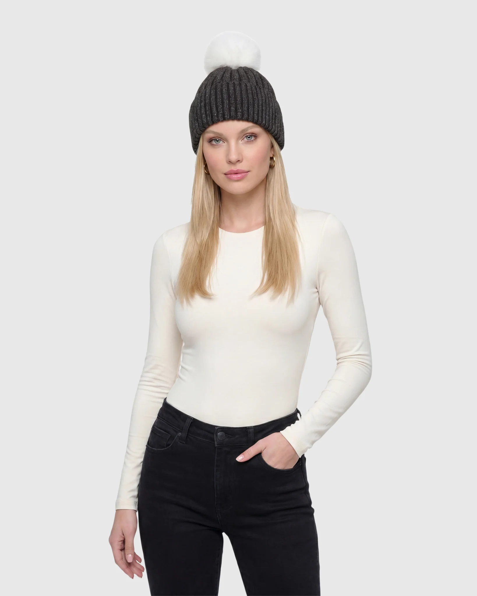 METALLIC WOOL BLEND KNIT HAT WITH FOX POMPOM - Image 12