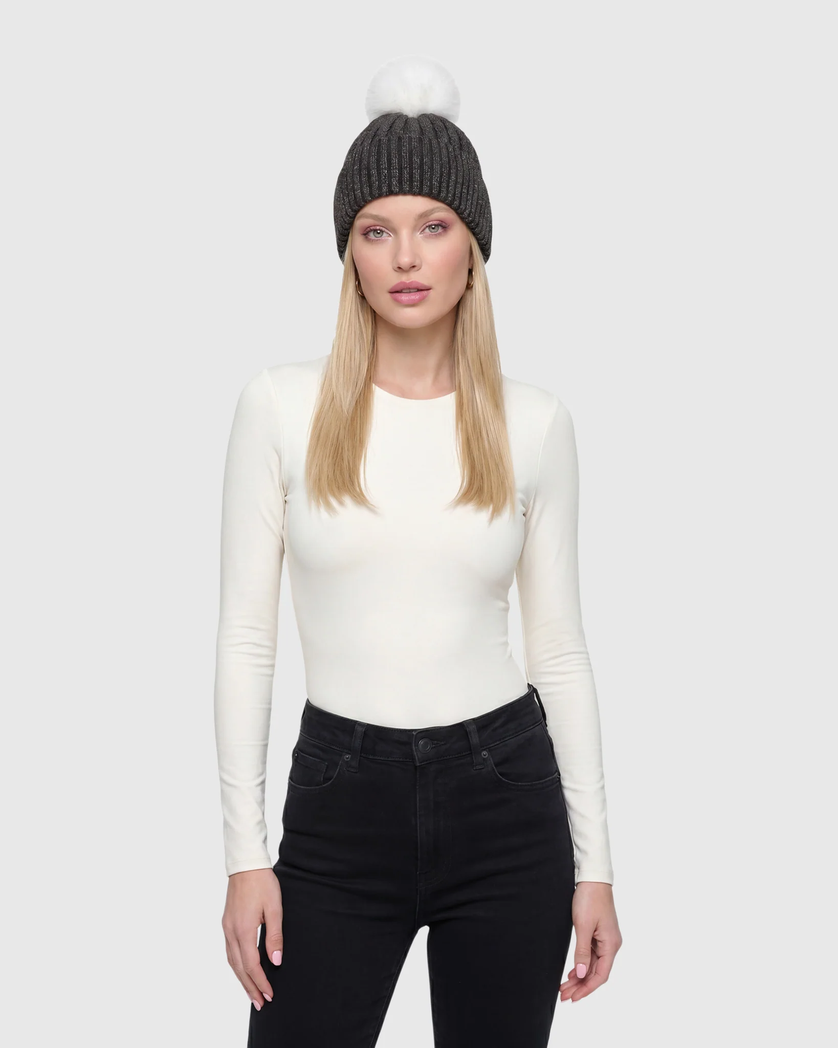METALLIC WOOL BLEND KNIT HAT WITH FOX POMPOM - Image 14