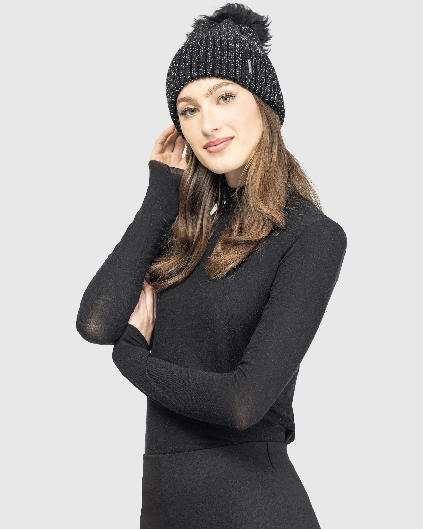 METALLIC WOOL BLEND KNIT BEANIE HAT WITH SELECT LAMB POMPOM