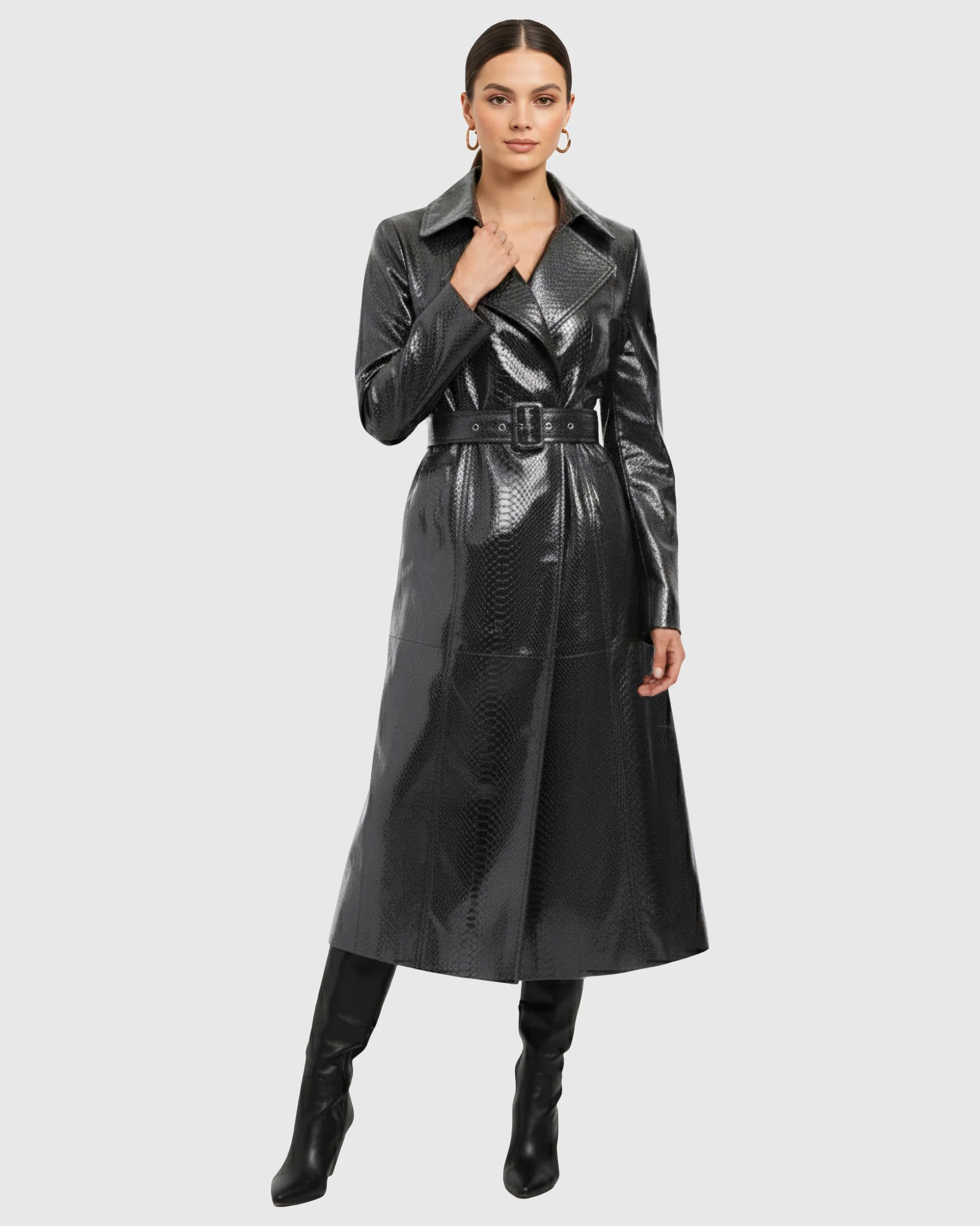 Metis Suede Pythn Printed Belted Trench Coat - Image 3