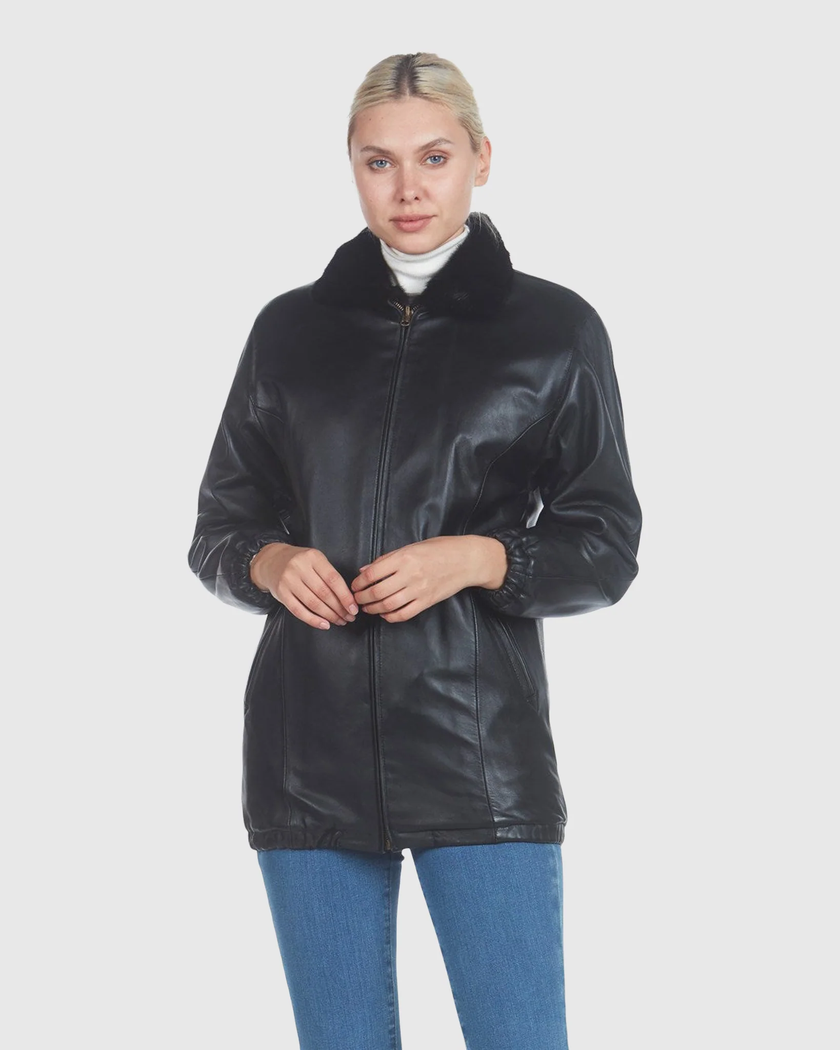 MINK BOMBER ZIP JACKET REVERSIBLE TO BLACK LEATHER - Image 4