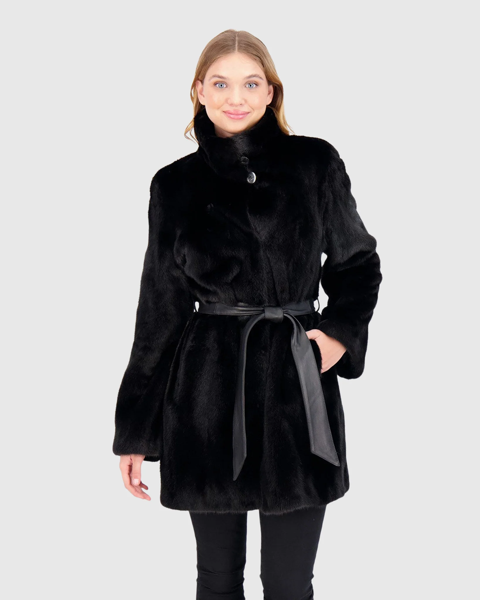 MINK JACKET WITH STAND UP COLLAR AND LEATHER BELT