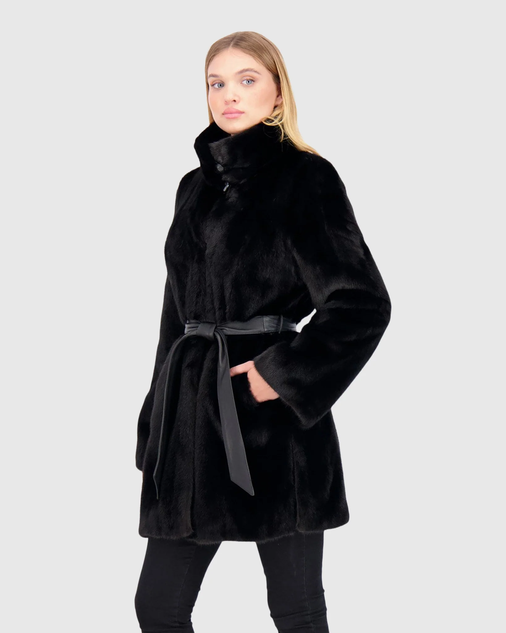 MINK JACKET WITH STAND UP COLLAR AND LEATHER BELT - Image 3