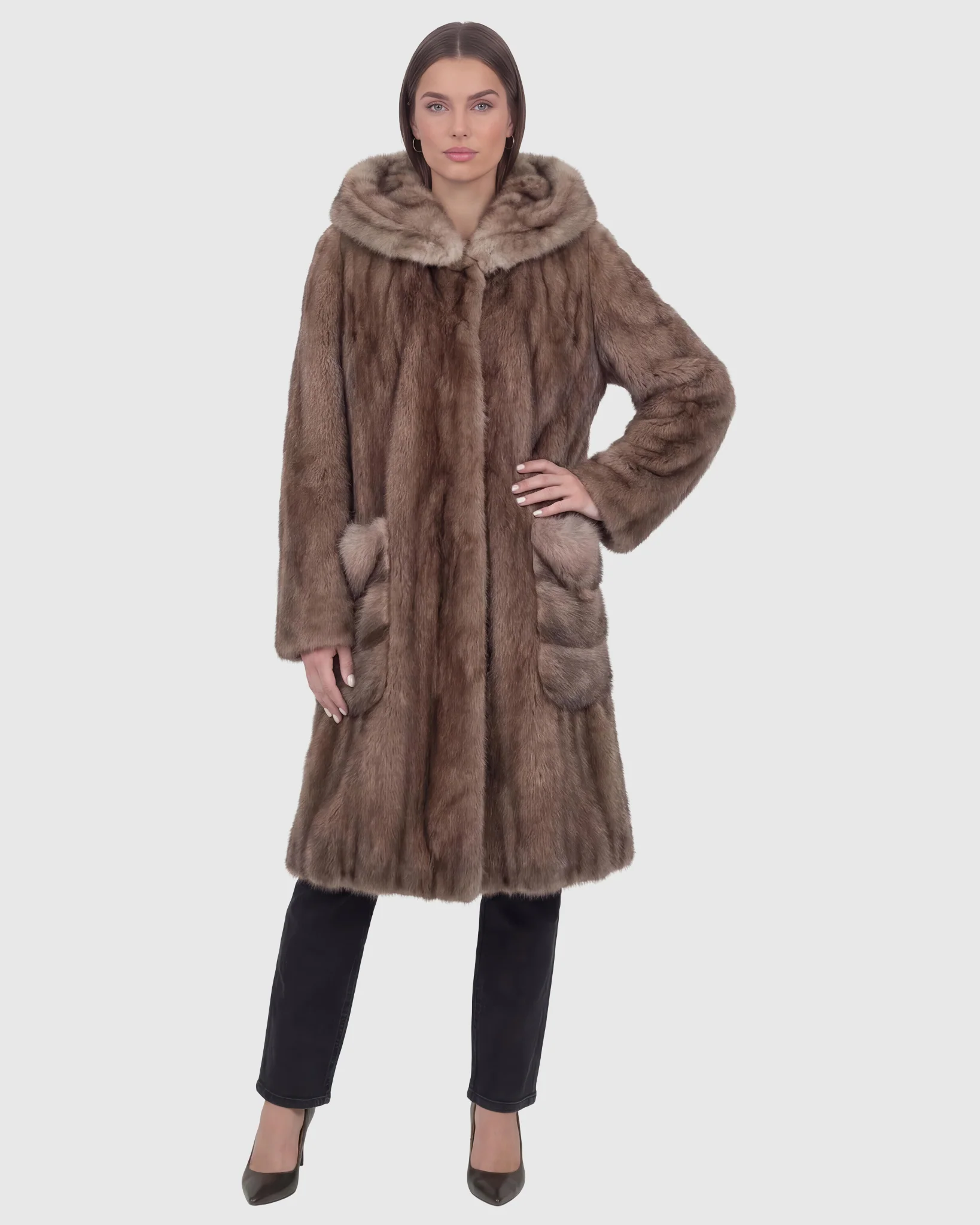 MINK STROLLER WITH SABLE COLLAR & POCKETS