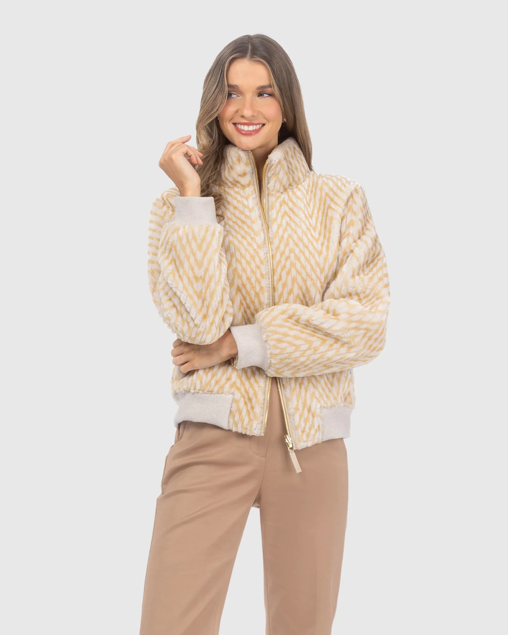 Reversible Chevron Printed Grooved Shearling Lamb Bomber Jacket - Image 2