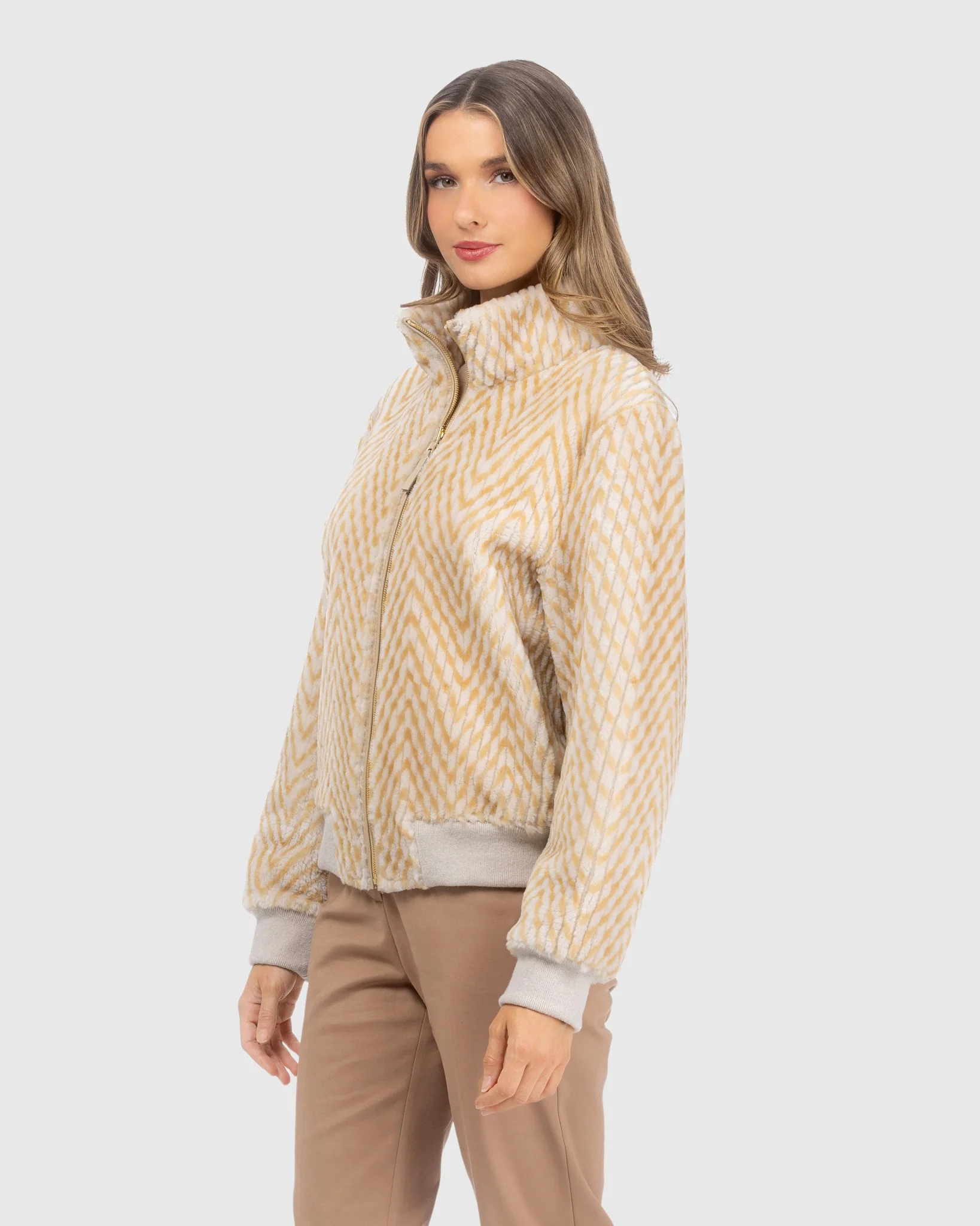 Reversible Chevron Printed Grooved Shearling Lamb Bomber Jacket - Image 3