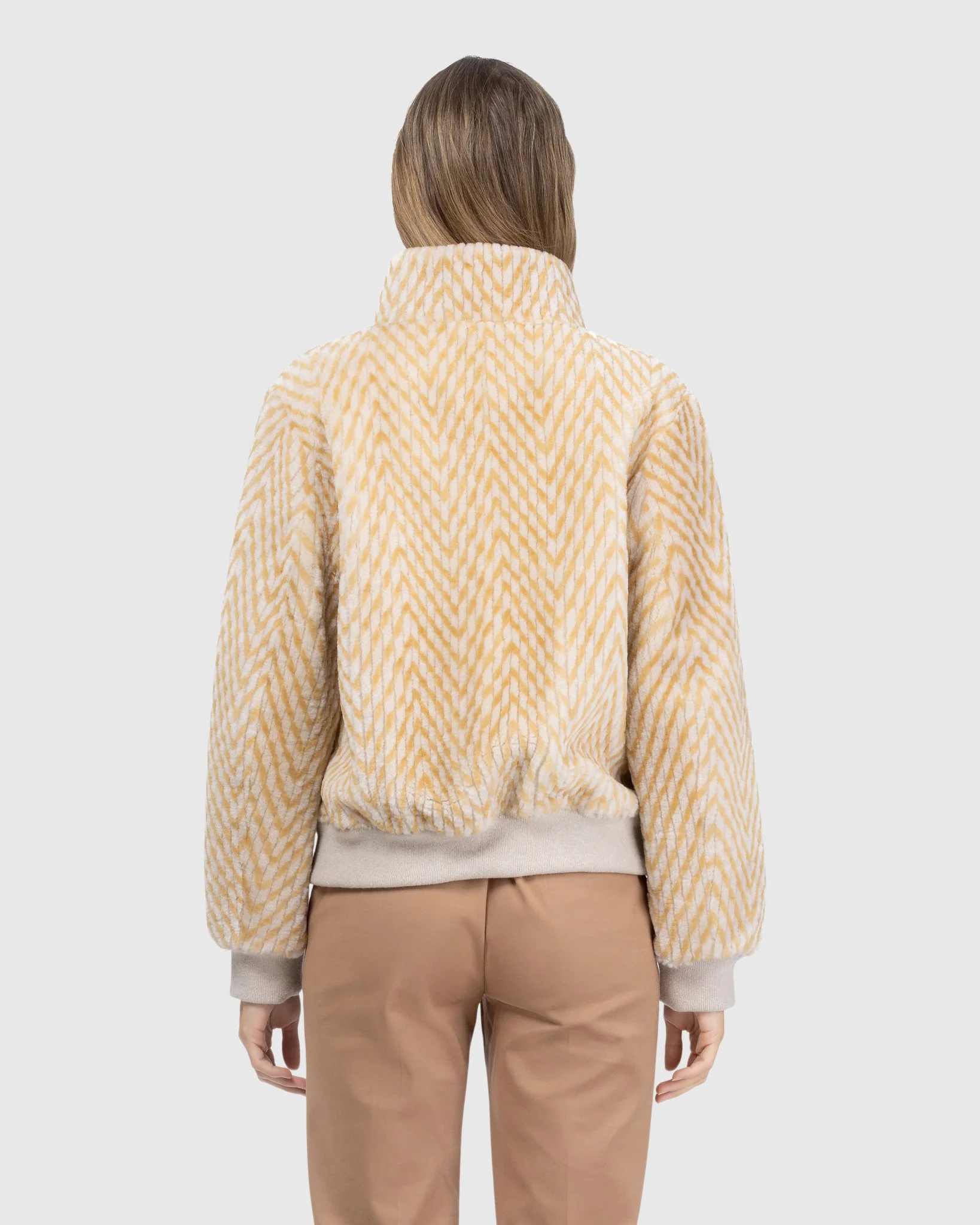 Reversible Chevron Printed Grooved Shearling Lamb Bomber Jacket - Image 4