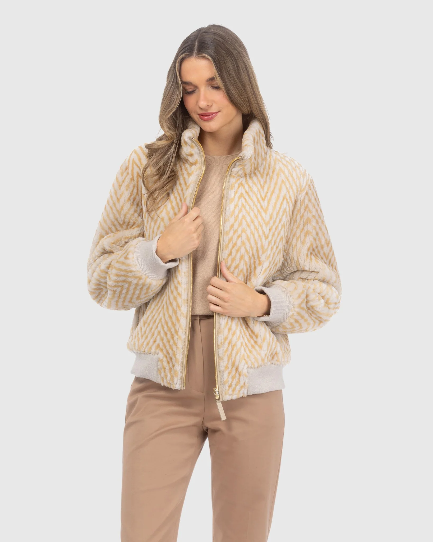Reversible Chevron Printed Grooved Shearling Lamb Bomber Jacket - Image 5
