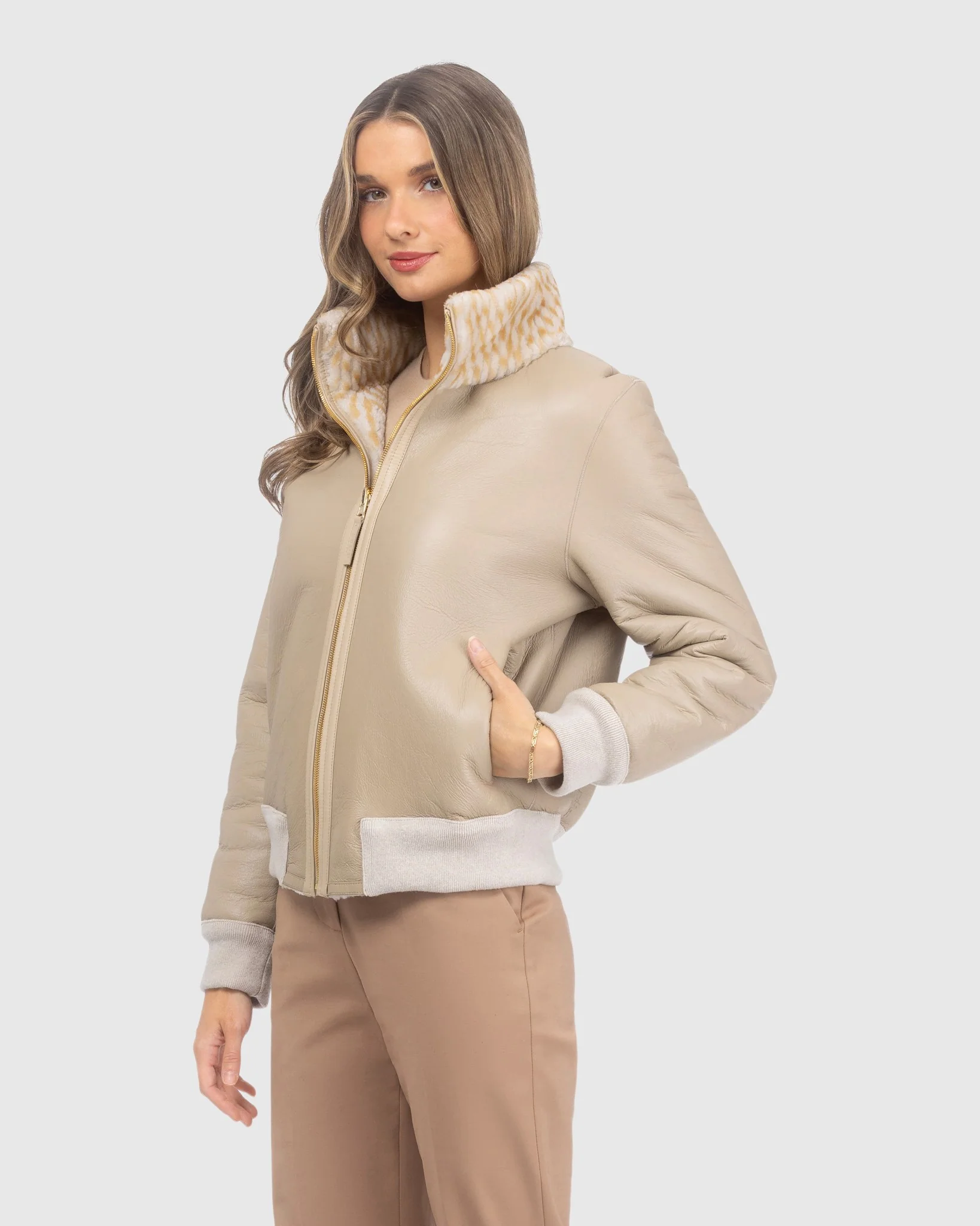 Reversible Chevron Printed Grooved Shearling Lamb Bomber Jacket - Image 7