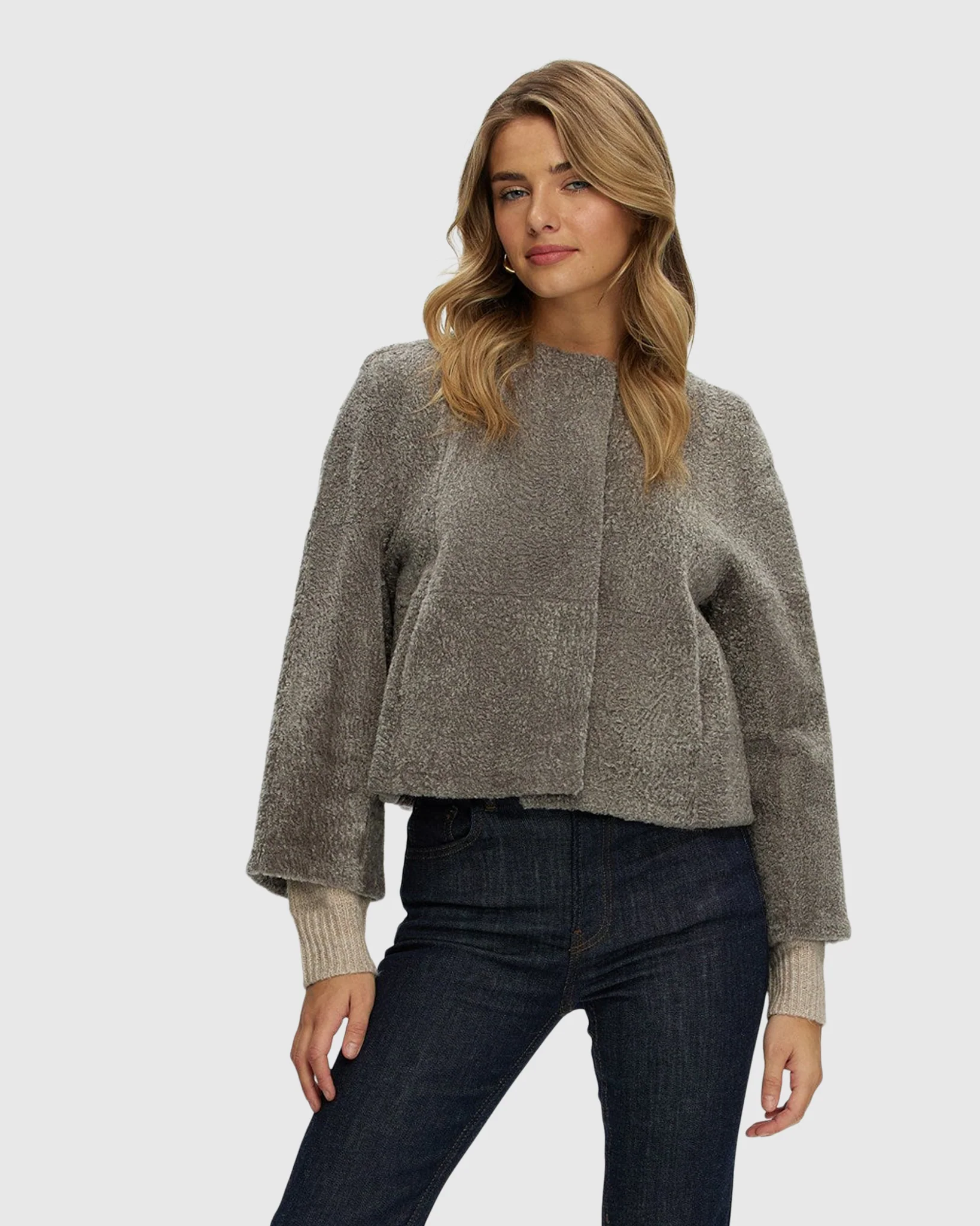 Reversible Collarless New Zealand Shearling Lamb Jacket With 3/4 Sleeves