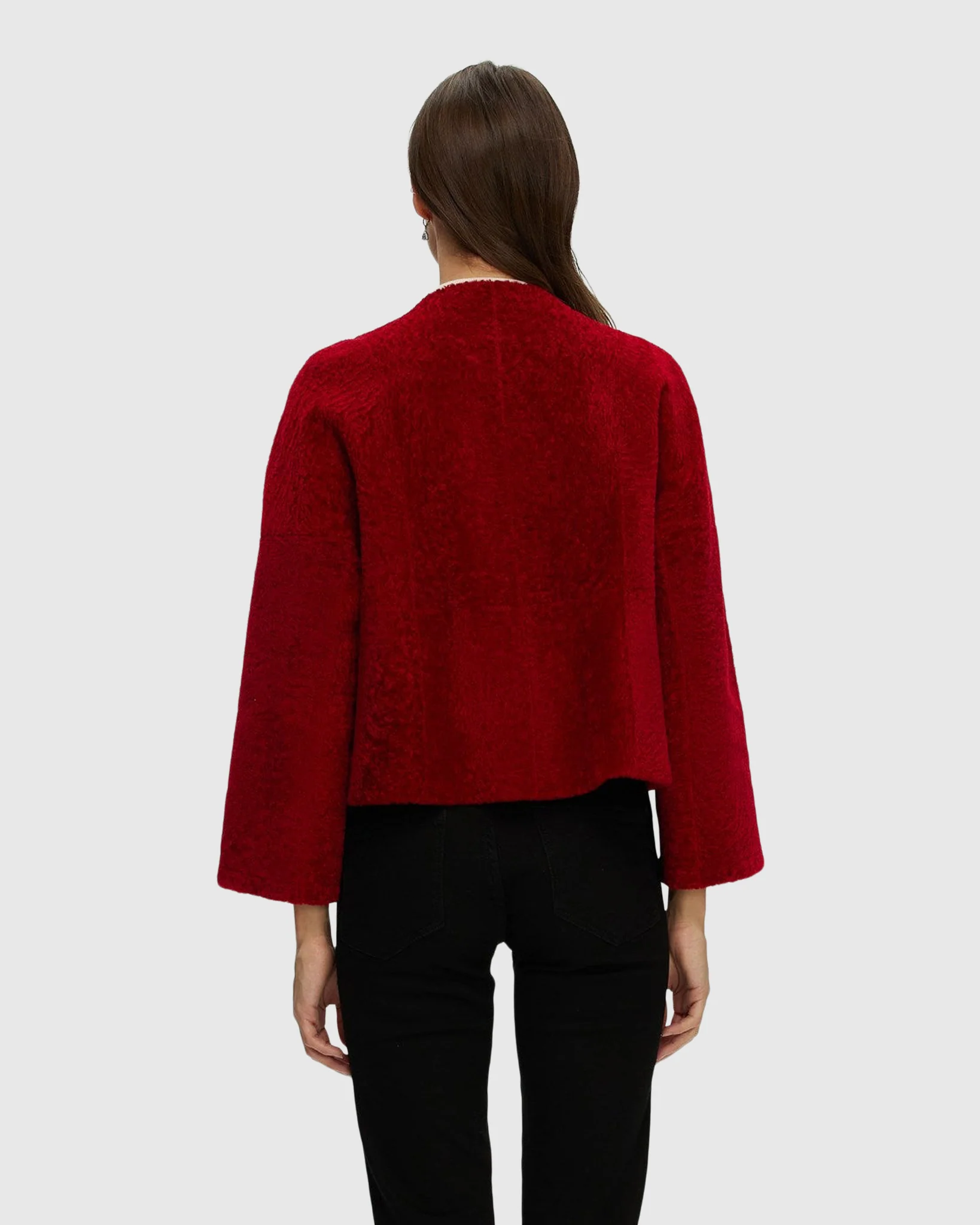 Reversible Collarless New Zealand Shearling Lamb Jacket With 3/4 Sleeves - Image 10