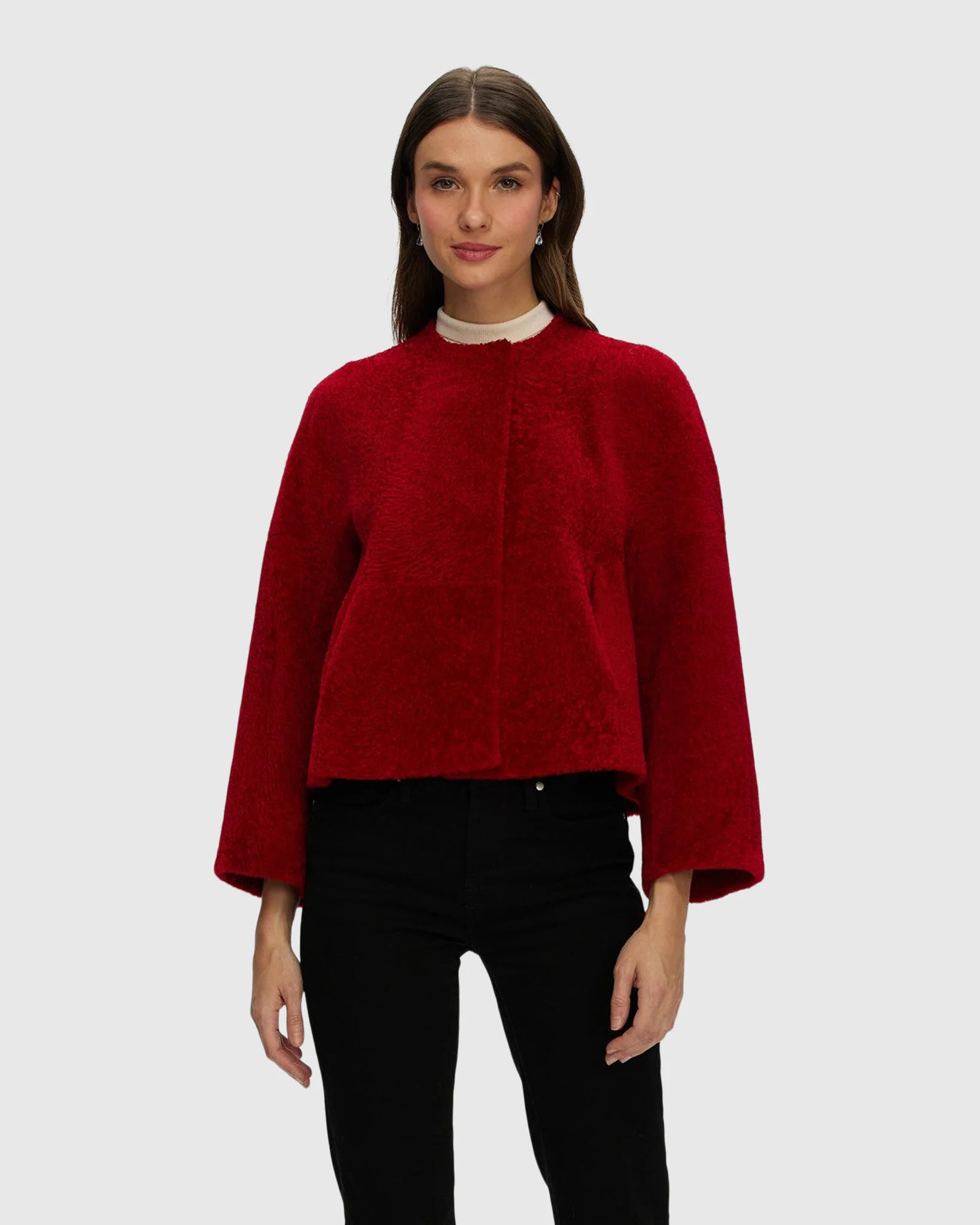 Reversible Collarless New Zealand Shearling Lamb Jacket With 3/4 Sleeves - Image 11