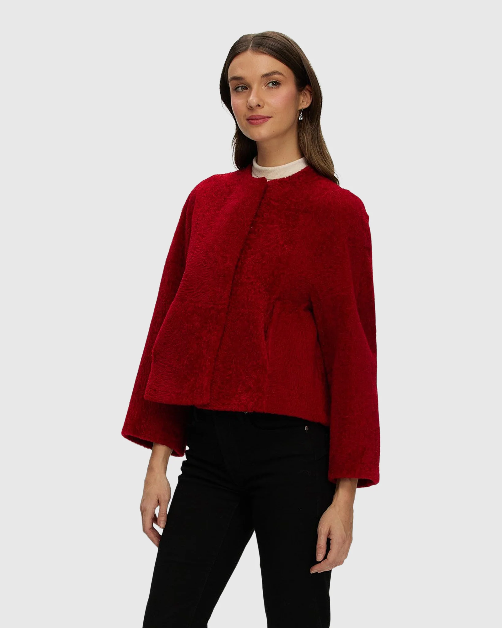 Reversible Collarless New Zealand Shearling Lamb Jacket With 3/4 Sleeves - Image 12