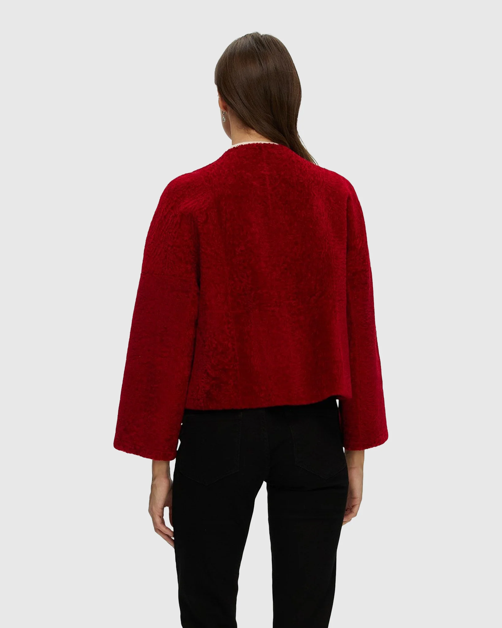 Reversible Collarless New Zealand Shearling Lamb Jacket With 3/4 Sleeves - Image 13