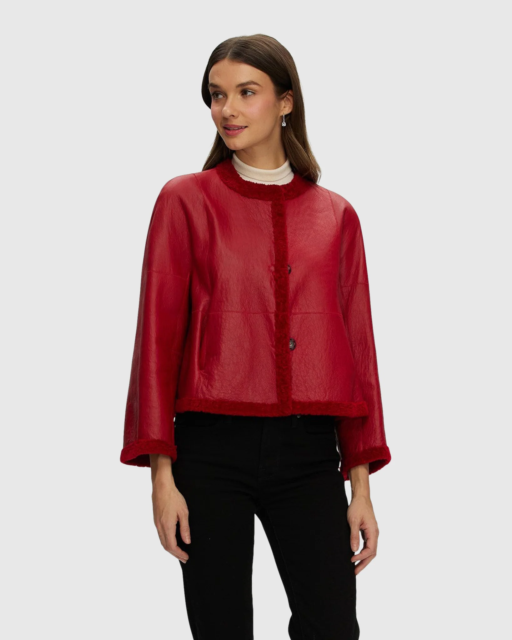 Reversible Collarless New Zealand Shearling Lamb Jacket With 3/4 Sleeves - Image 14