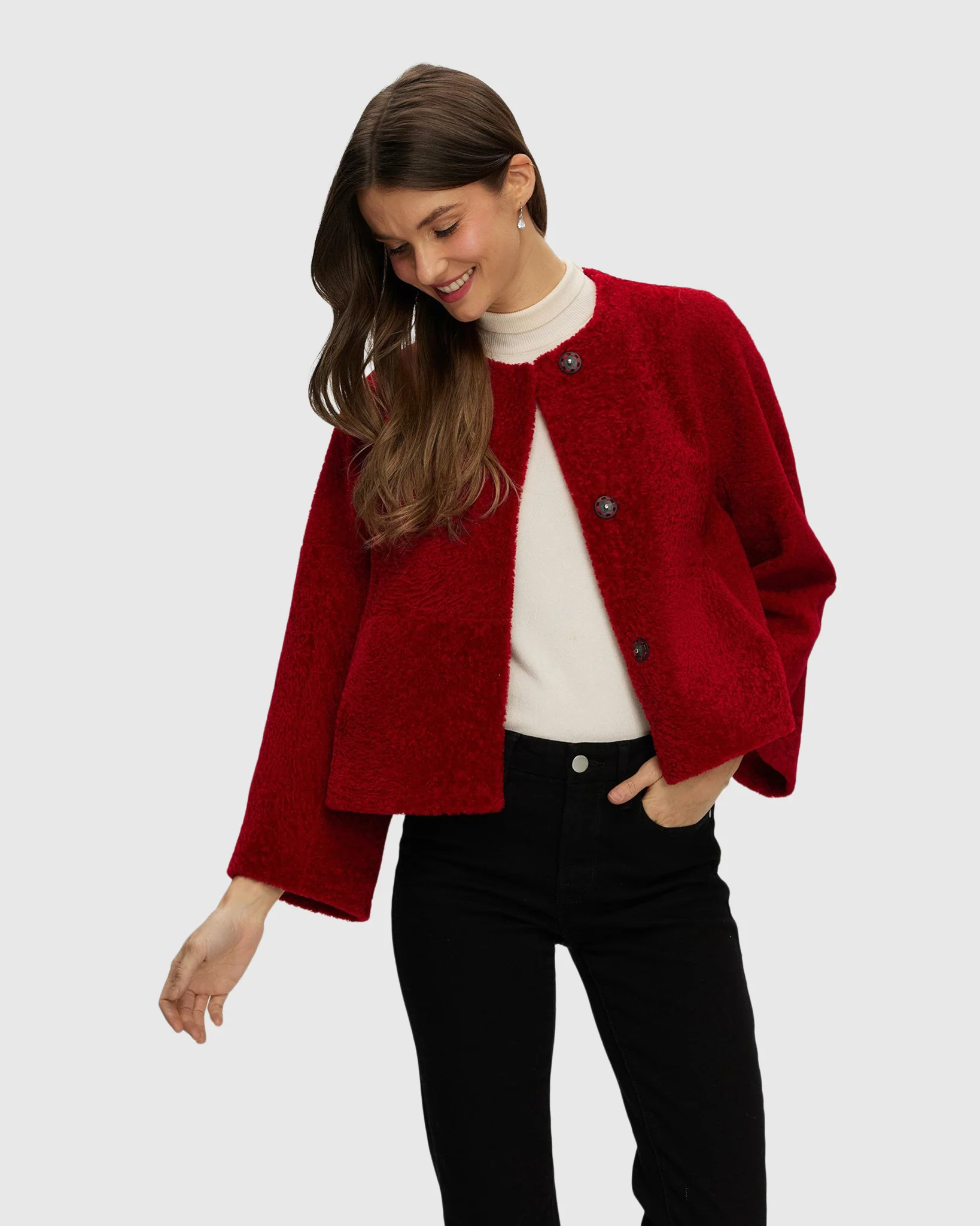 Reversible Collarless New Zealand Shearling Lamb Jacket With 3/4 Sleeves - Image 15