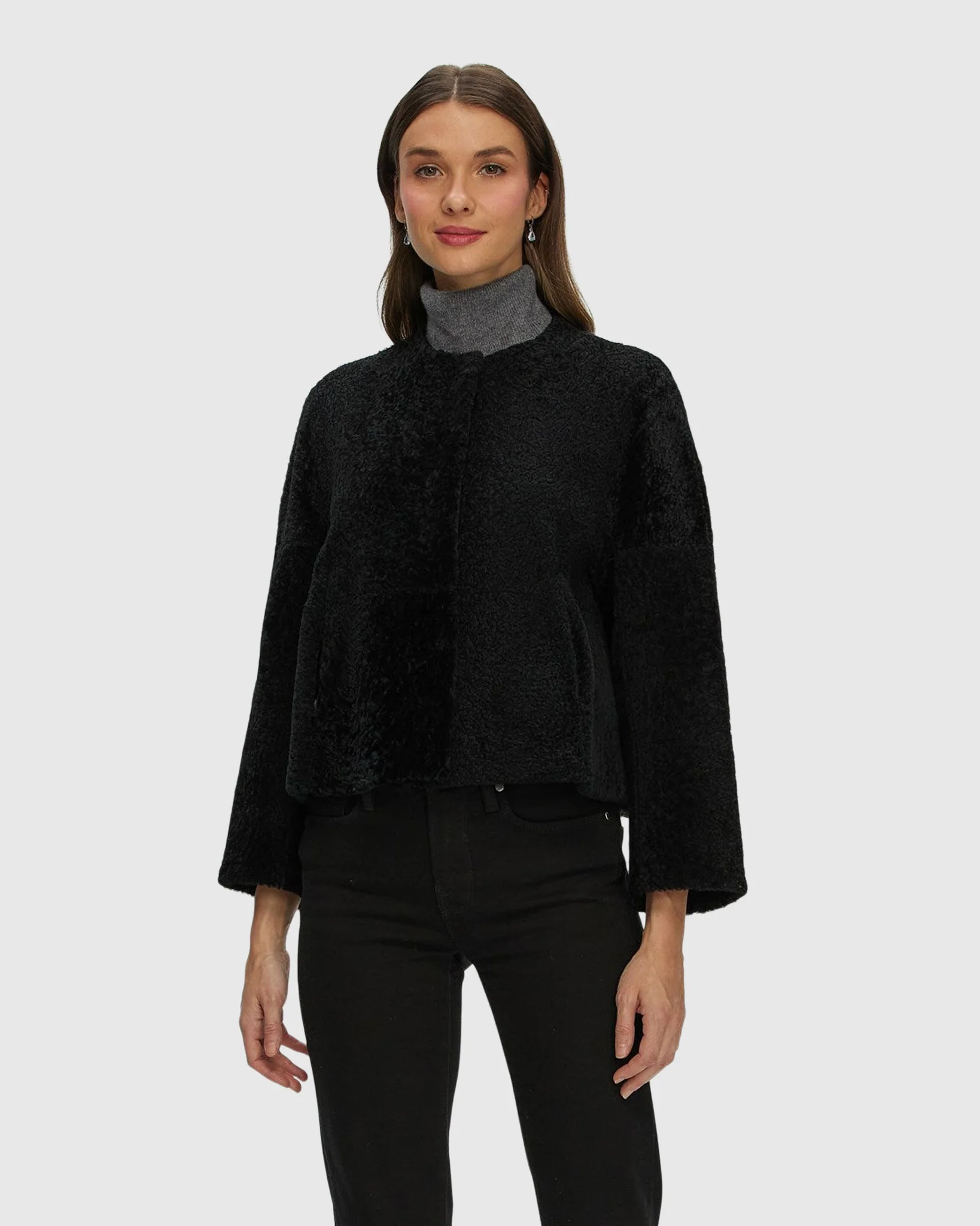 Reversible Collarless New Zealand Shearling Lamb Jacket With 3/4 Sleeves - Image 16