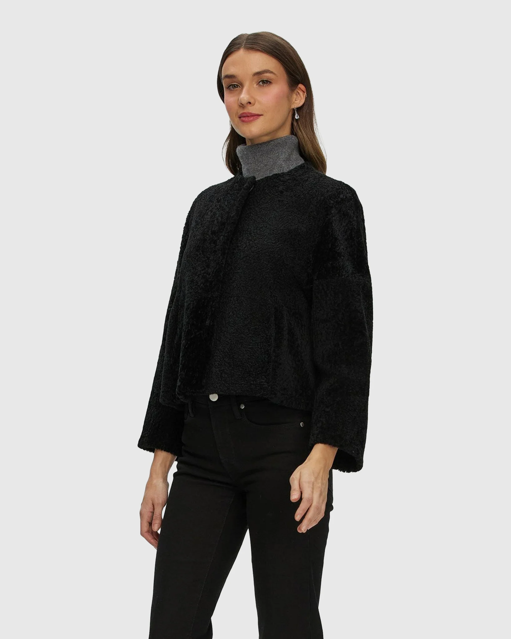 Reversible Collarless New Zealand Shearling Lamb Jacket With 3/4 Sleeves - Image 17