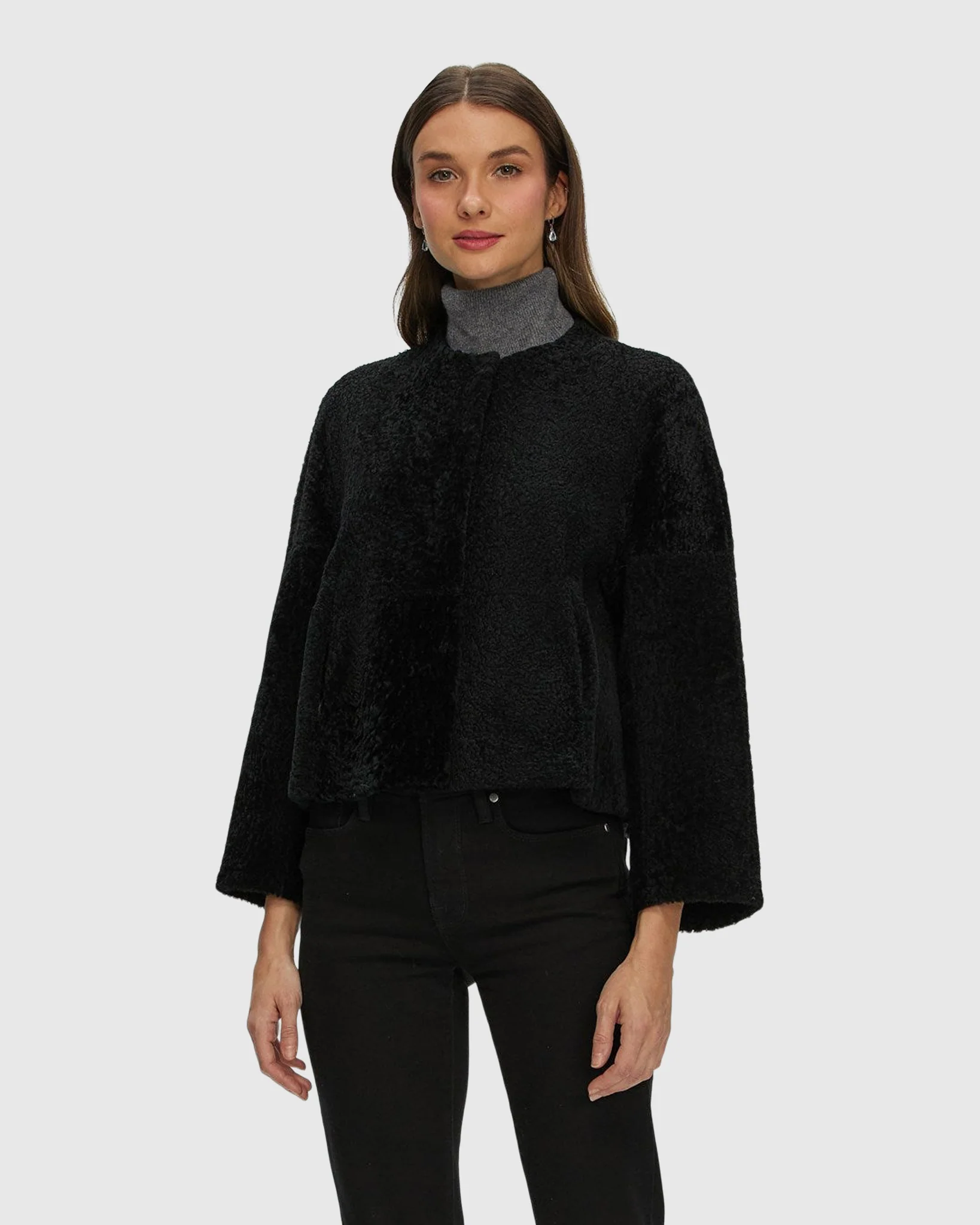 Reversible Collarless New Zealand Shearling Lamb Jacket With 3/4 Sleeves - Image 18