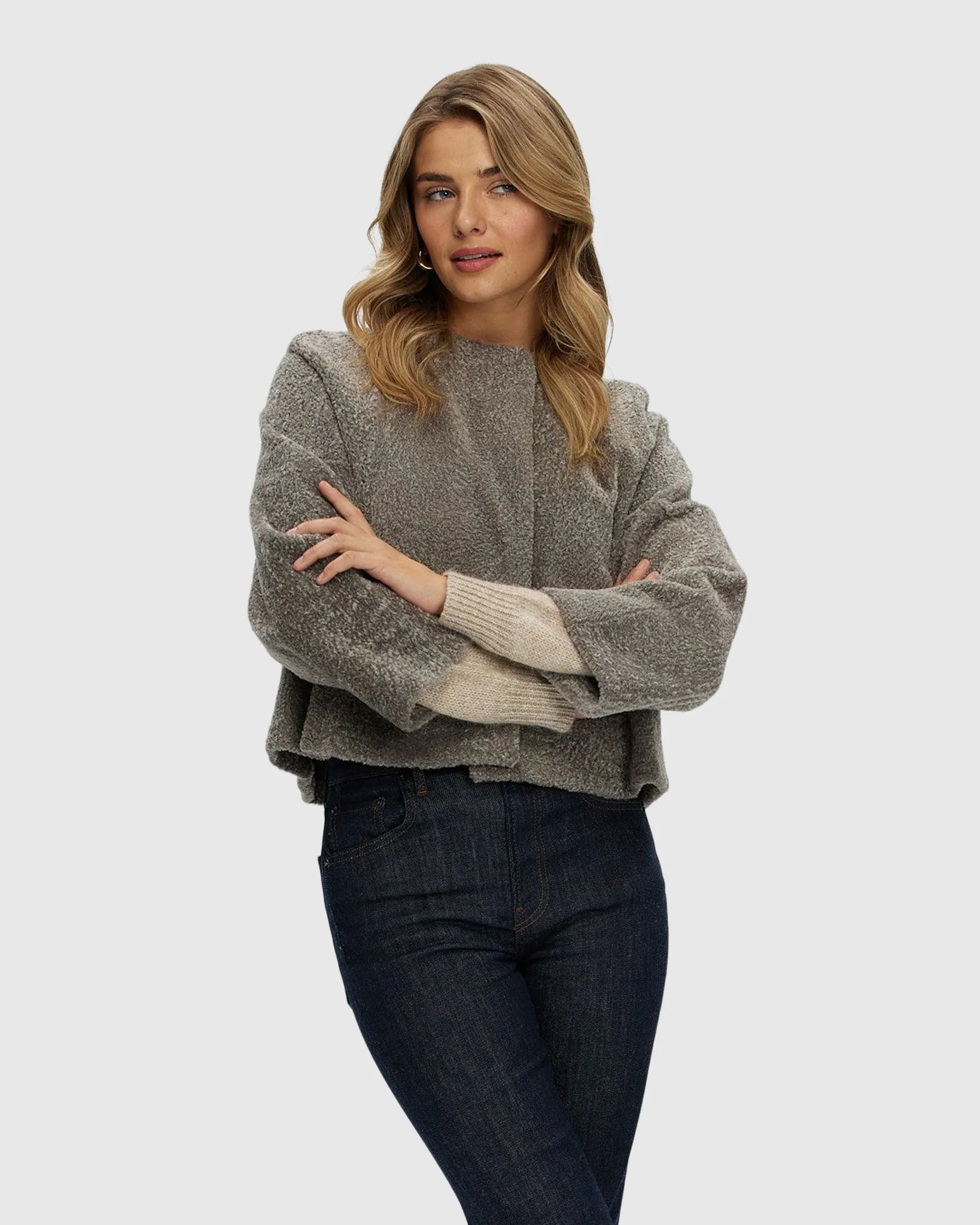 Reversible Collarless New Zealand Shearling Lamb Jacket With 3/4 Sleeves - Image 2