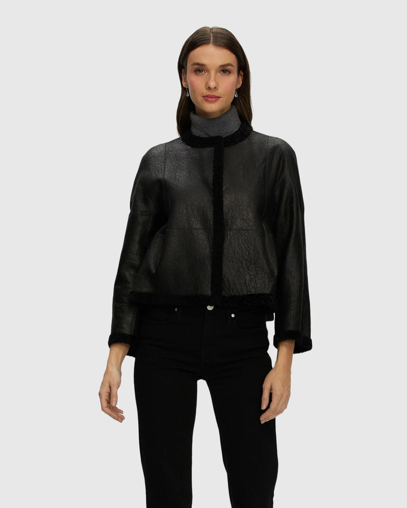 Reversible Collarless New Zealand Shearling Lamb Jacket With 3/4 Sleeves - Image 20