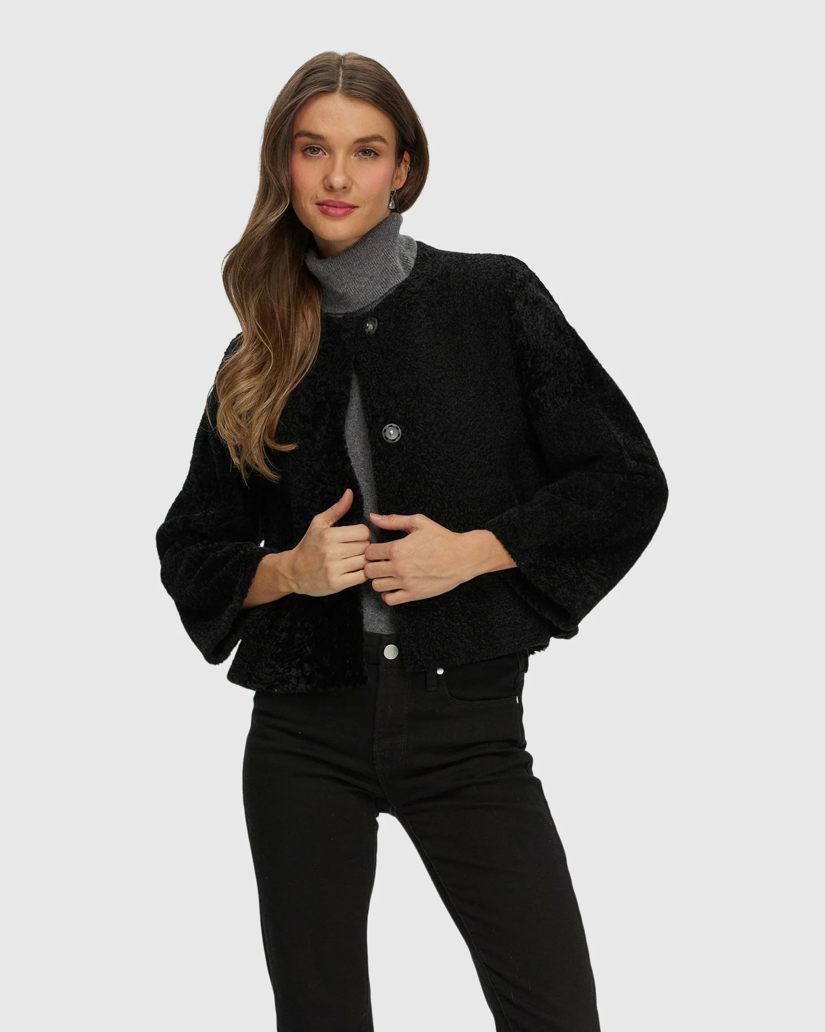 Reversible Collarless New Zealand Shearling Lamb Jacket With 3/4 Sleeves - Image 21