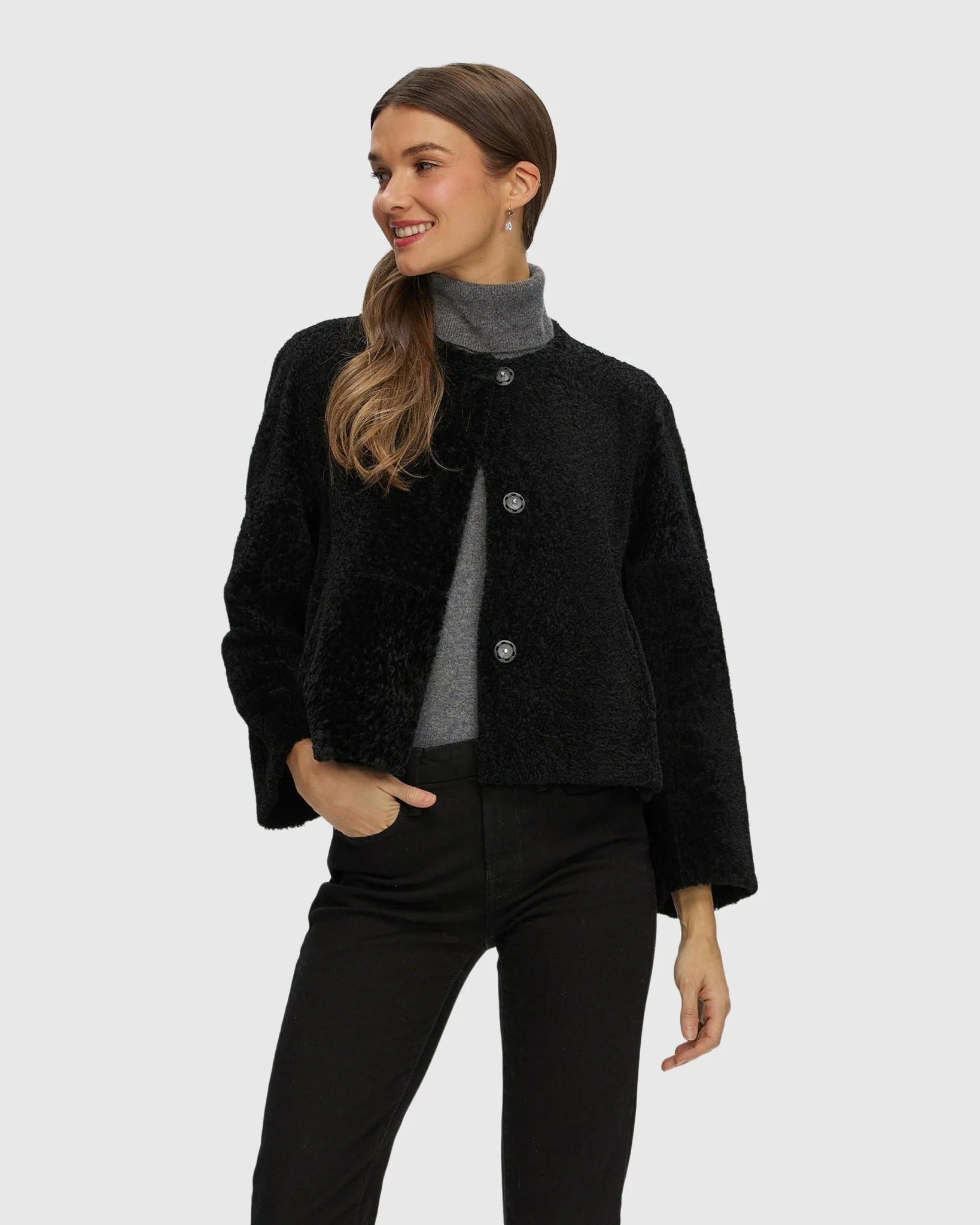 Reversible Collarless New Zealand Shearling Lamb Jacket With 3/4 Sleeves - Image 22