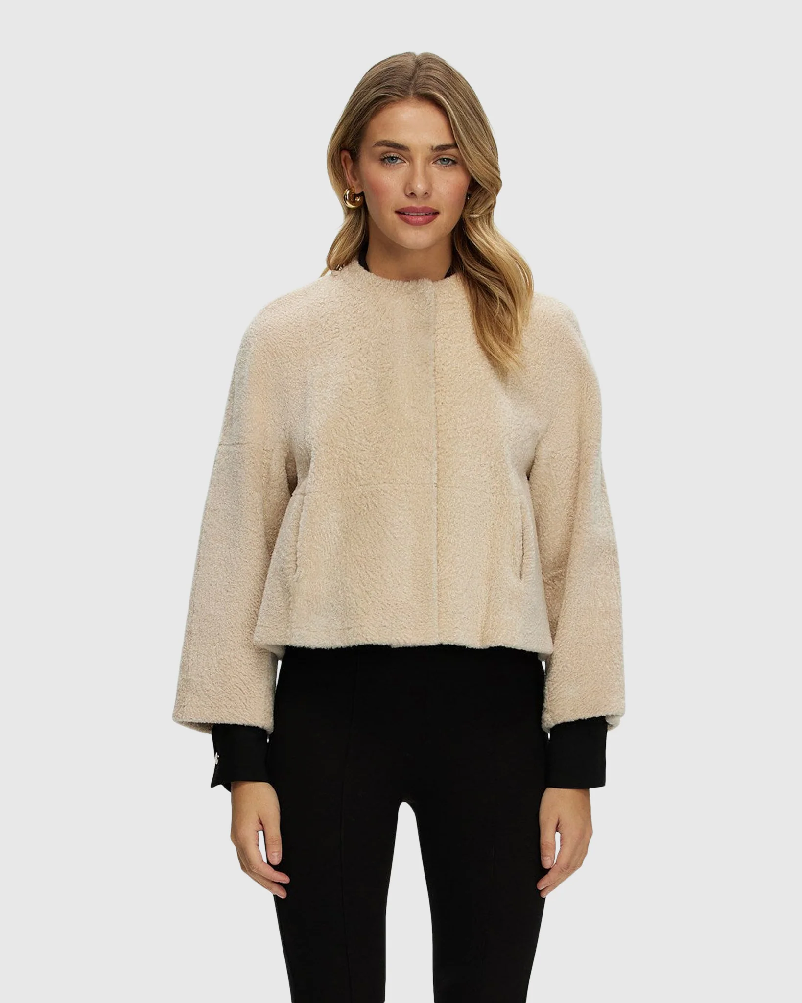 Reversible Collarless New Zealand Shearling Lamb Jacket With 3/4 Sleeves - Image 23
