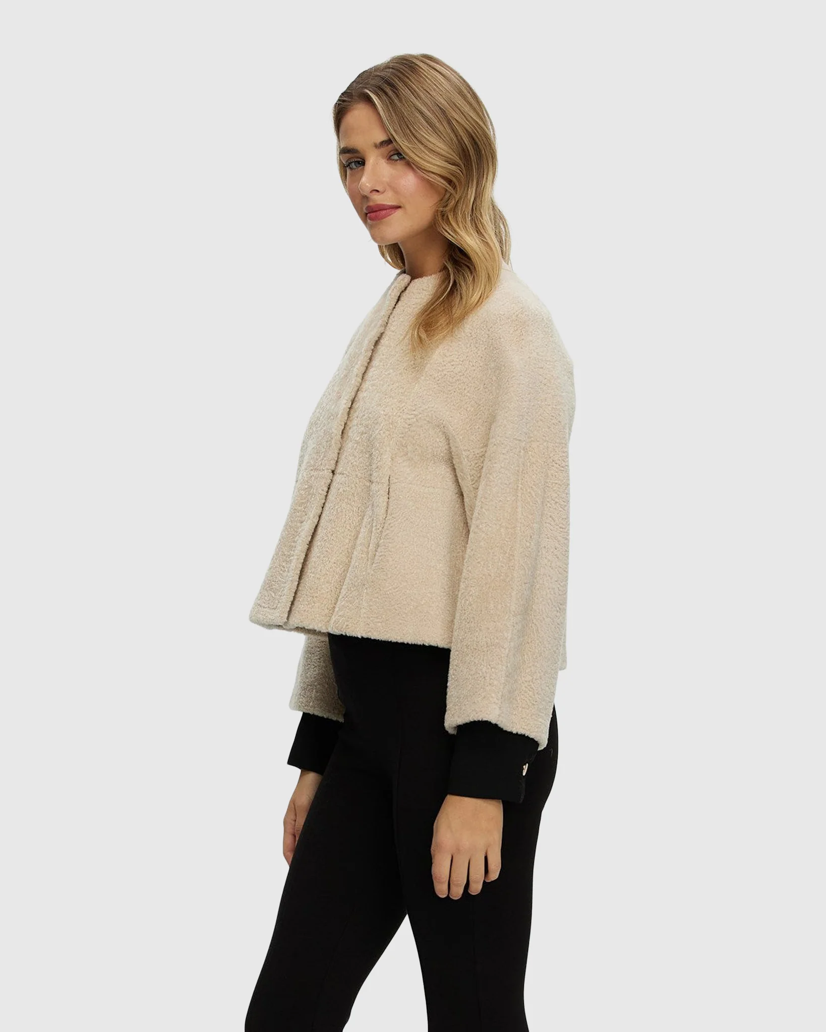 Reversible Collarless New Zealand Shearling Lamb Jacket With 3/4 Sleeves - Image 24