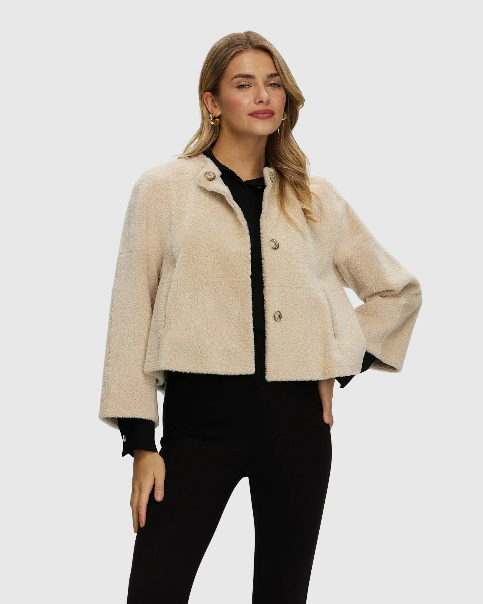 Reversible Collarless New Zealand Shearling Lamb Jacket With 3/4 Sleeves - Image 28