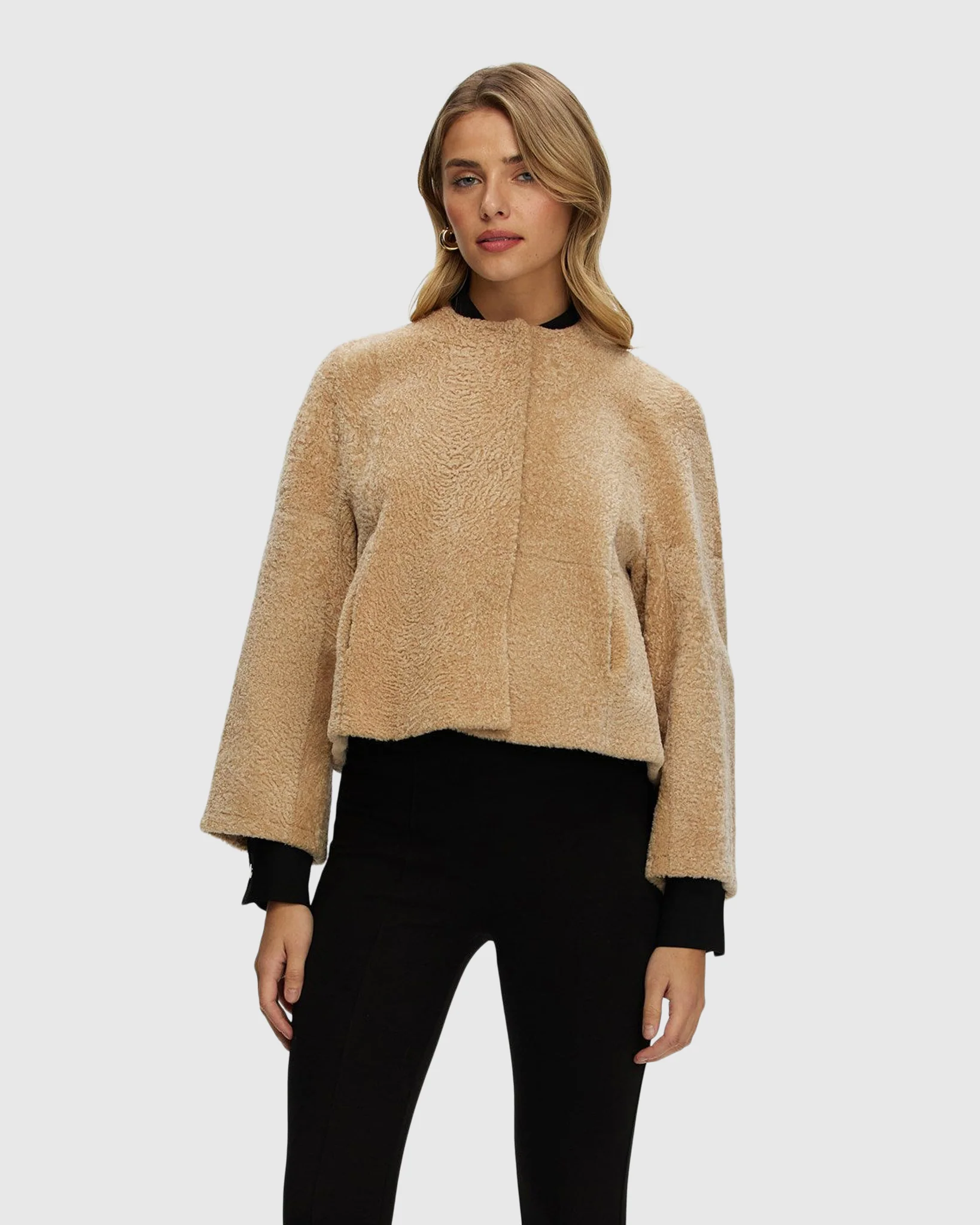 Reversible Collarless New Zealand Shearling Lamb Jacket With 3/4 Sleeves - Image 29