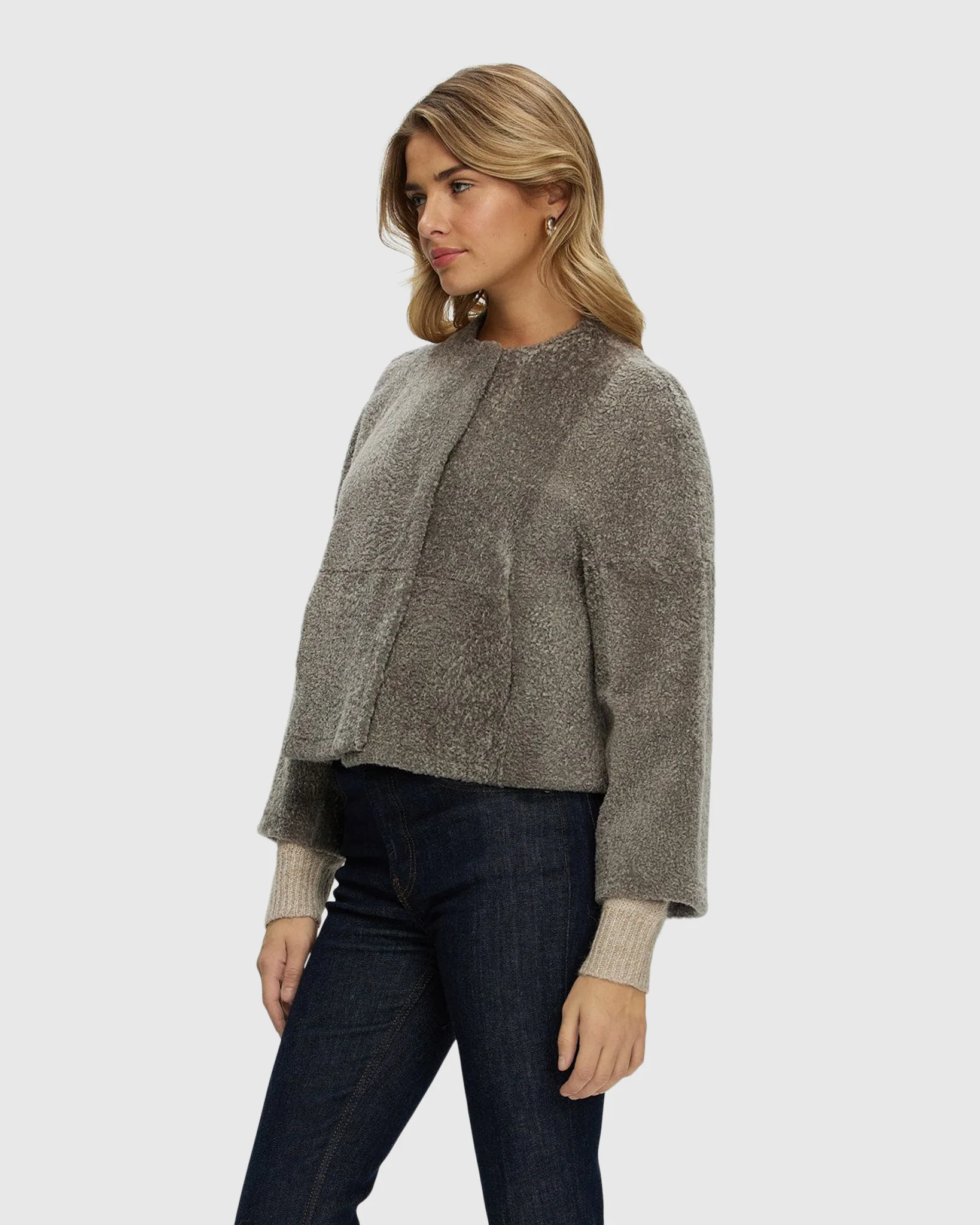 Reversible Collarless New Zealand Shearling Lamb Jacket With 3/4 Sleeves - Image 3