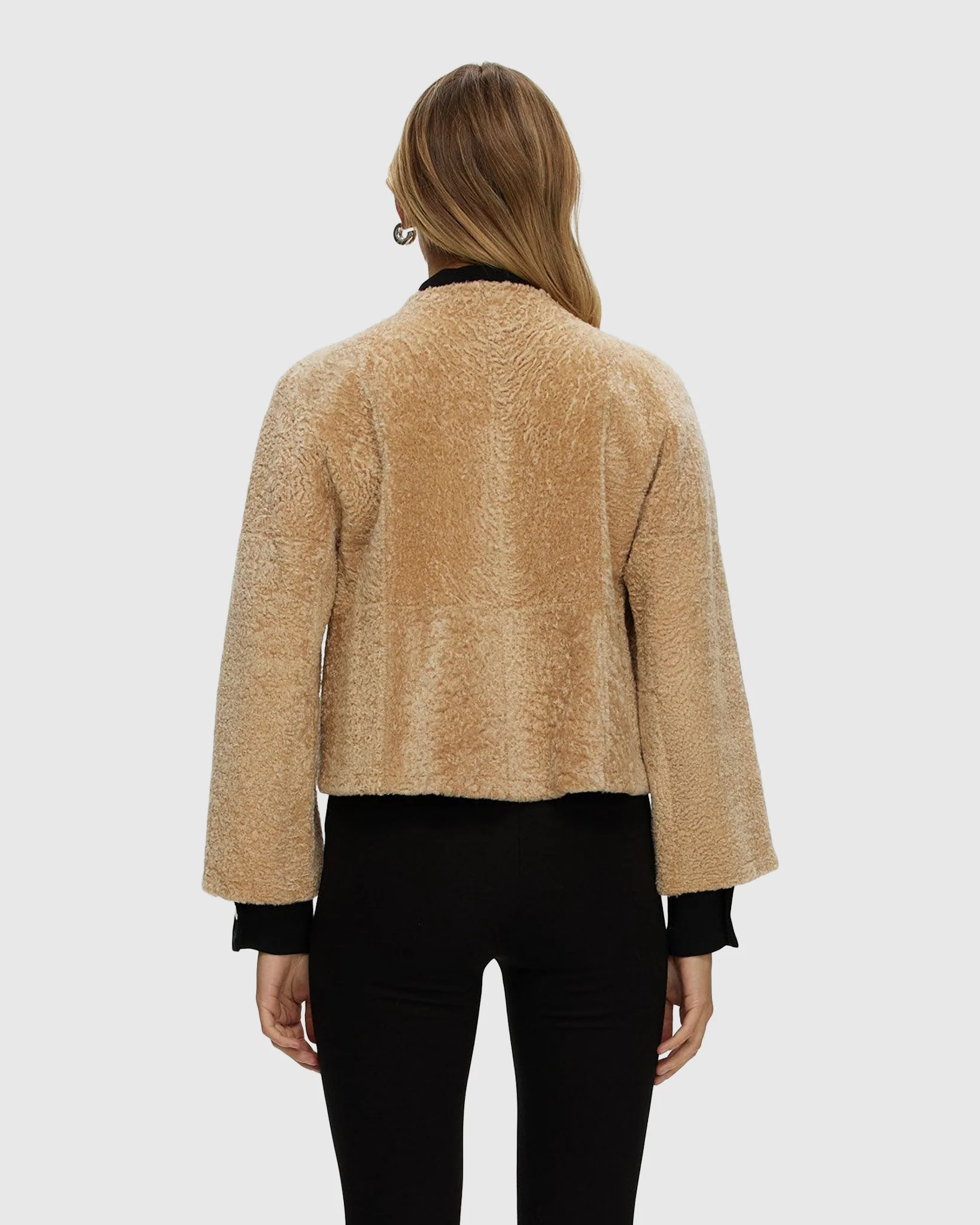 Reversible Collarless New Zealand Shearling Lamb Jacket With 3/4 Sleeves - Image 32