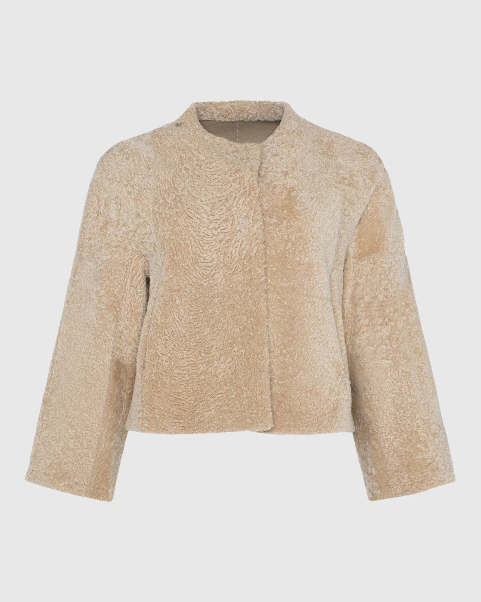 Reversible Collarless New Zealand Shearling Lamb Jacket With 3/4 Sleeves - Image 34