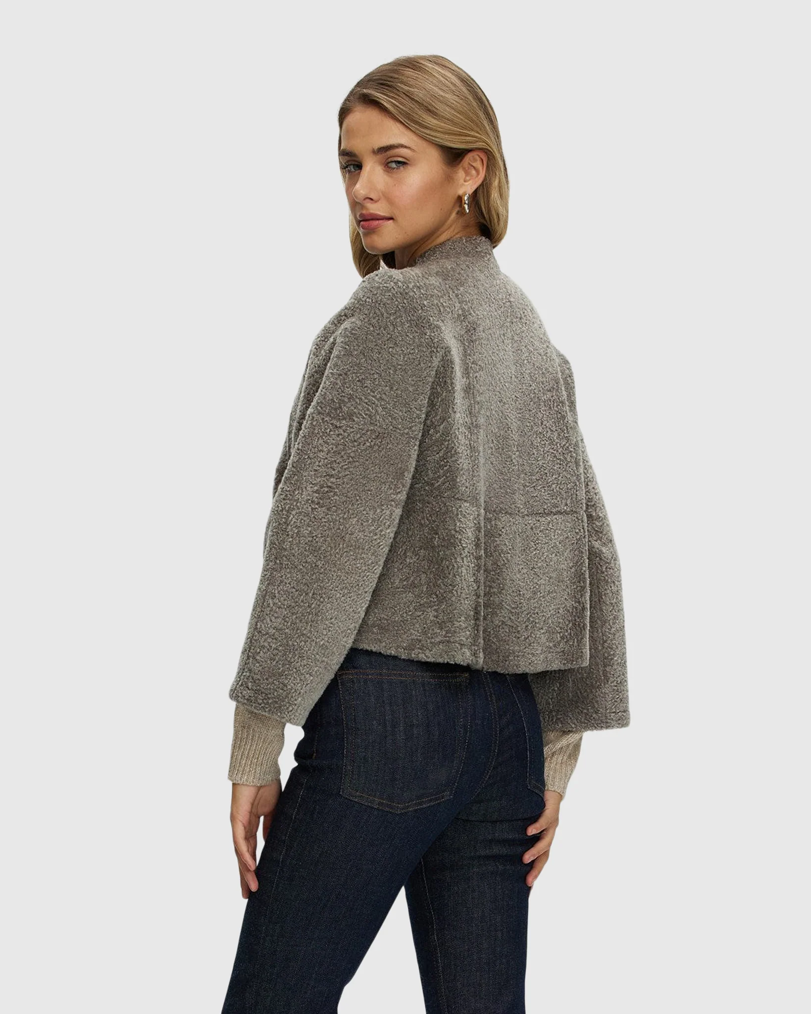 Reversible Collarless New Zealand Shearling Lamb Jacket With 3/4 Sleeves - Image 4