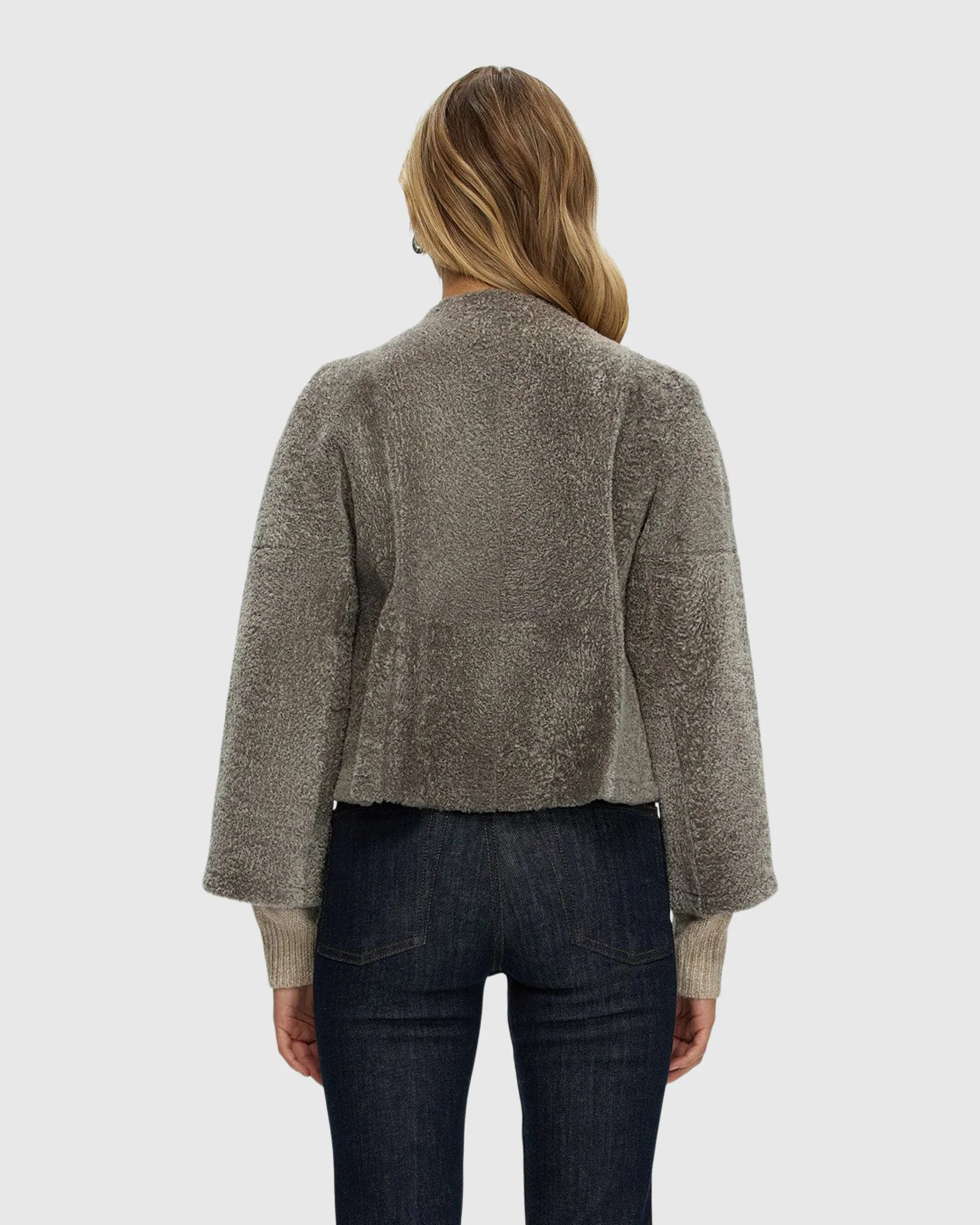 Reversible Collarless New Zealand Shearling Lamb Jacket With 3/4 Sleeves - Image 5