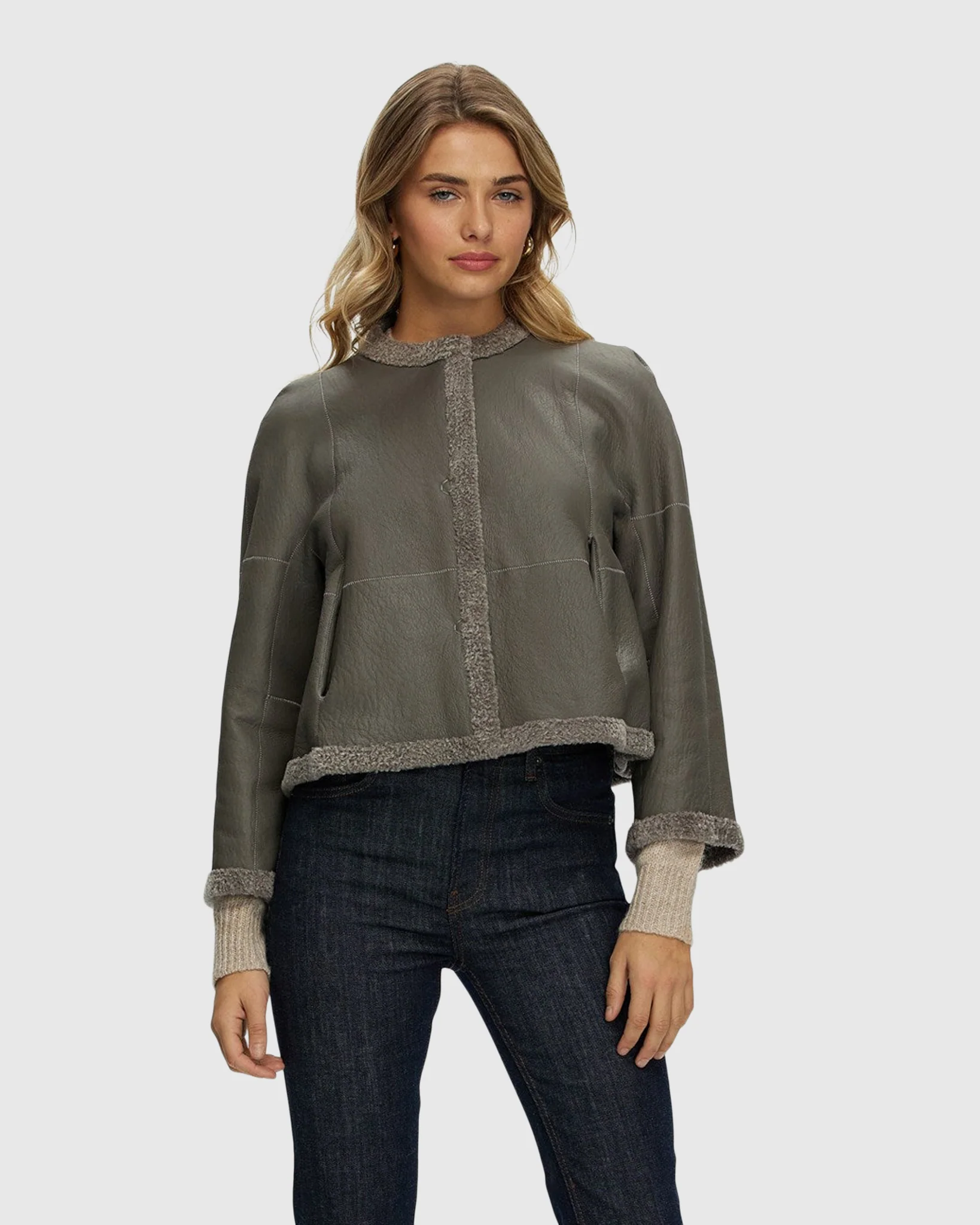 Reversible Collarless New Zealand Shearling Lamb Jacket With 3/4 Sleeves - Image 6
