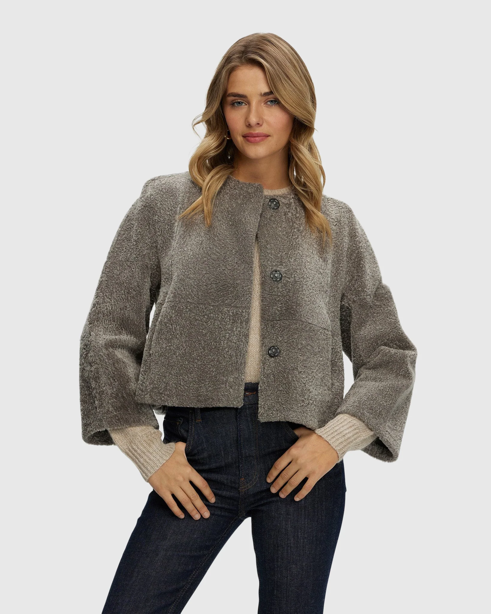 Reversible Collarless New Zealand Shearling Lamb Jacket With 3/4 Sleeves - Image 8