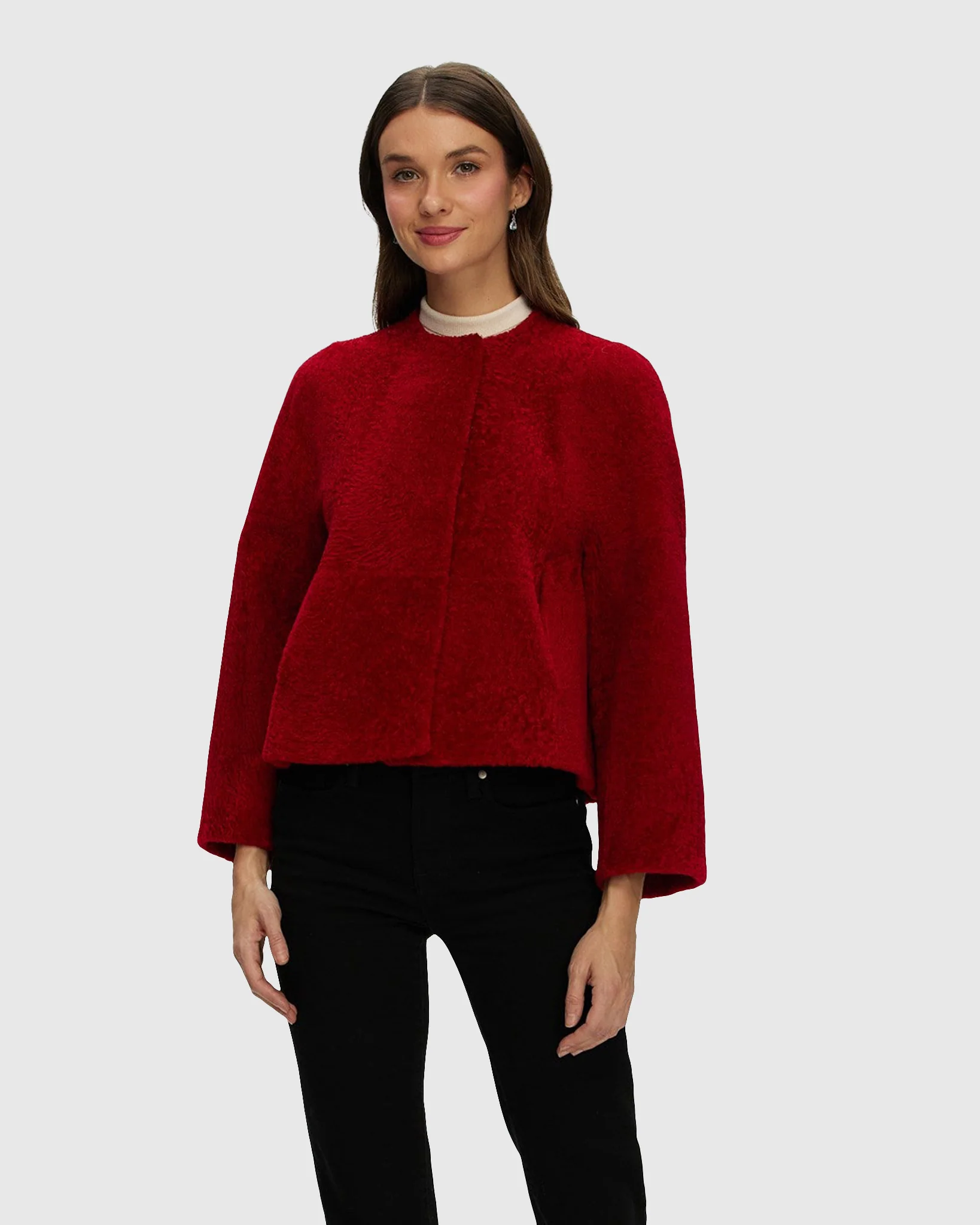 Reversible Collarless New Zealand Shearling Lamb Jacket With 3/4 Sleeves - Image 9