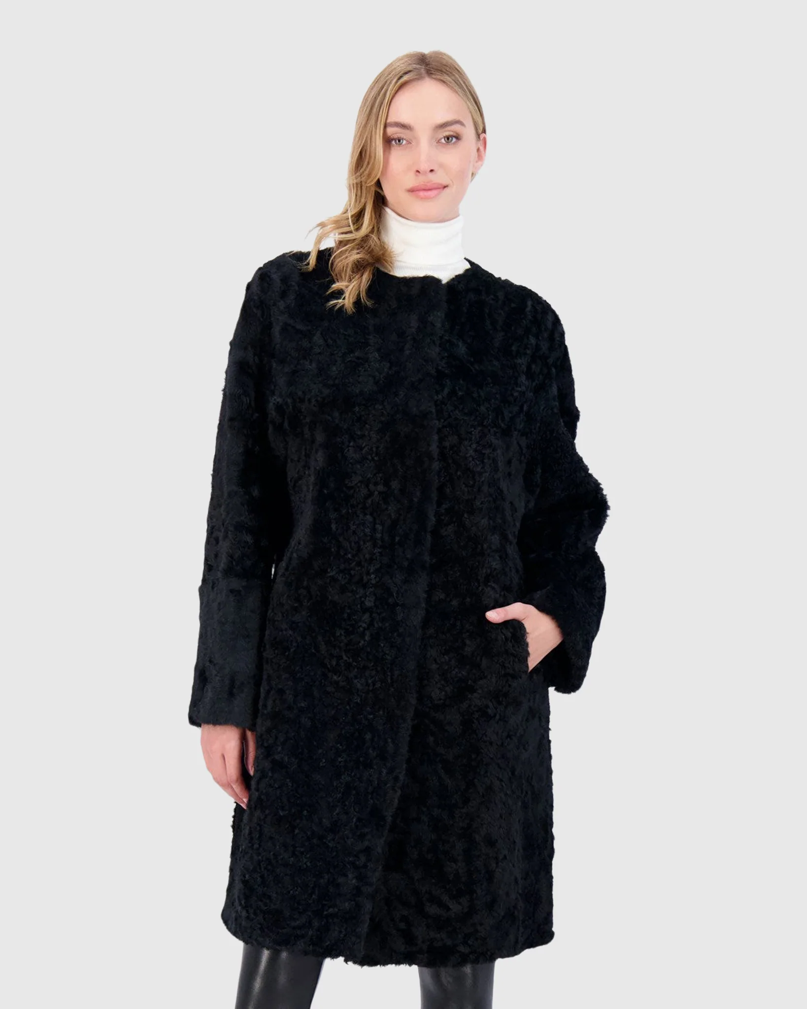 REVERSIBLE COLLARLESS SHEARLING LAMB SHORT COAT WITH BUTTONS - Image 6